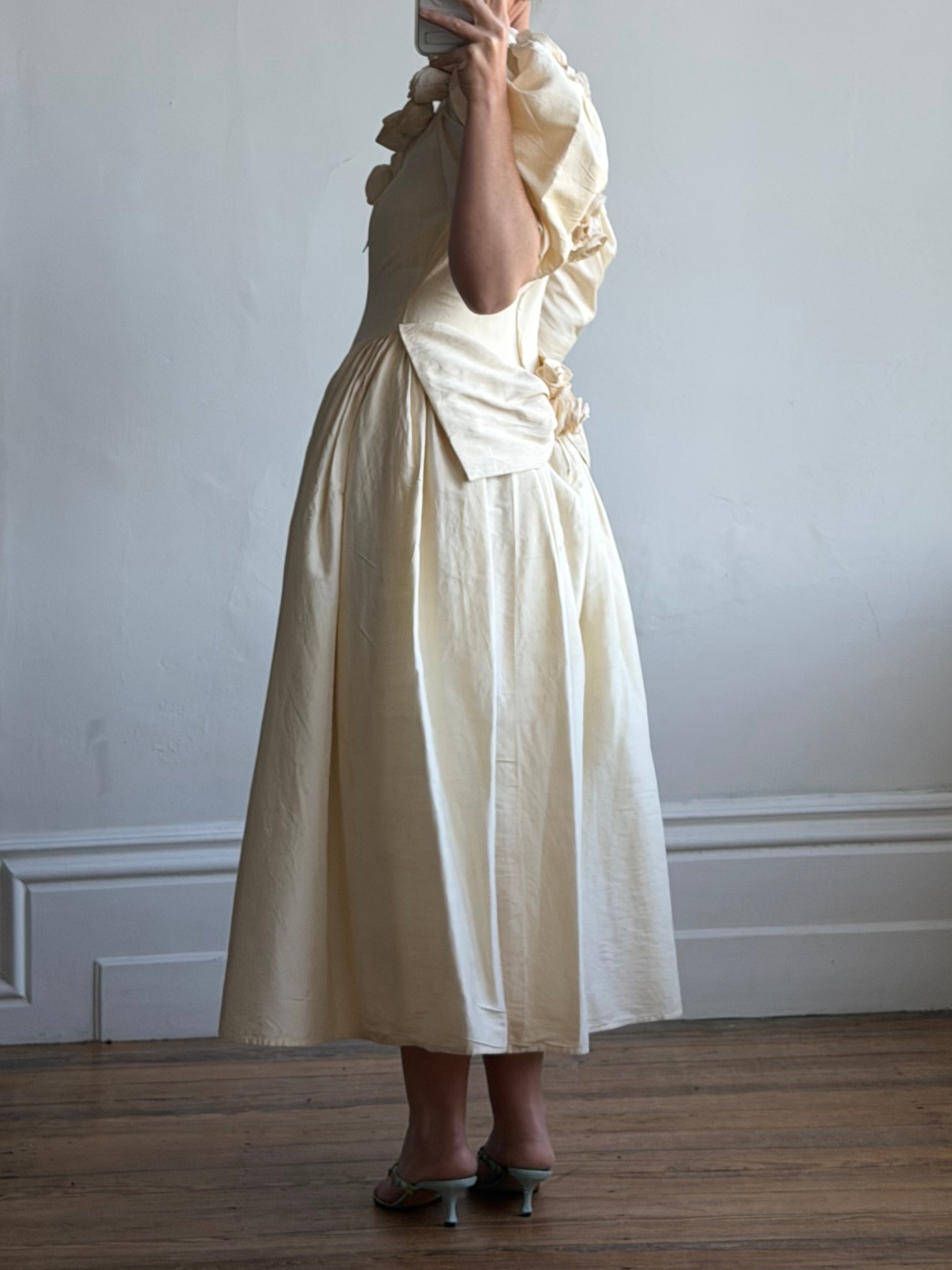 Vintage 90s Silk Dupion Rosette Bridal Midi Gown