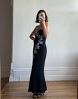 Vintage 90s Black Mermaid Dress with White Organza Flower Applique