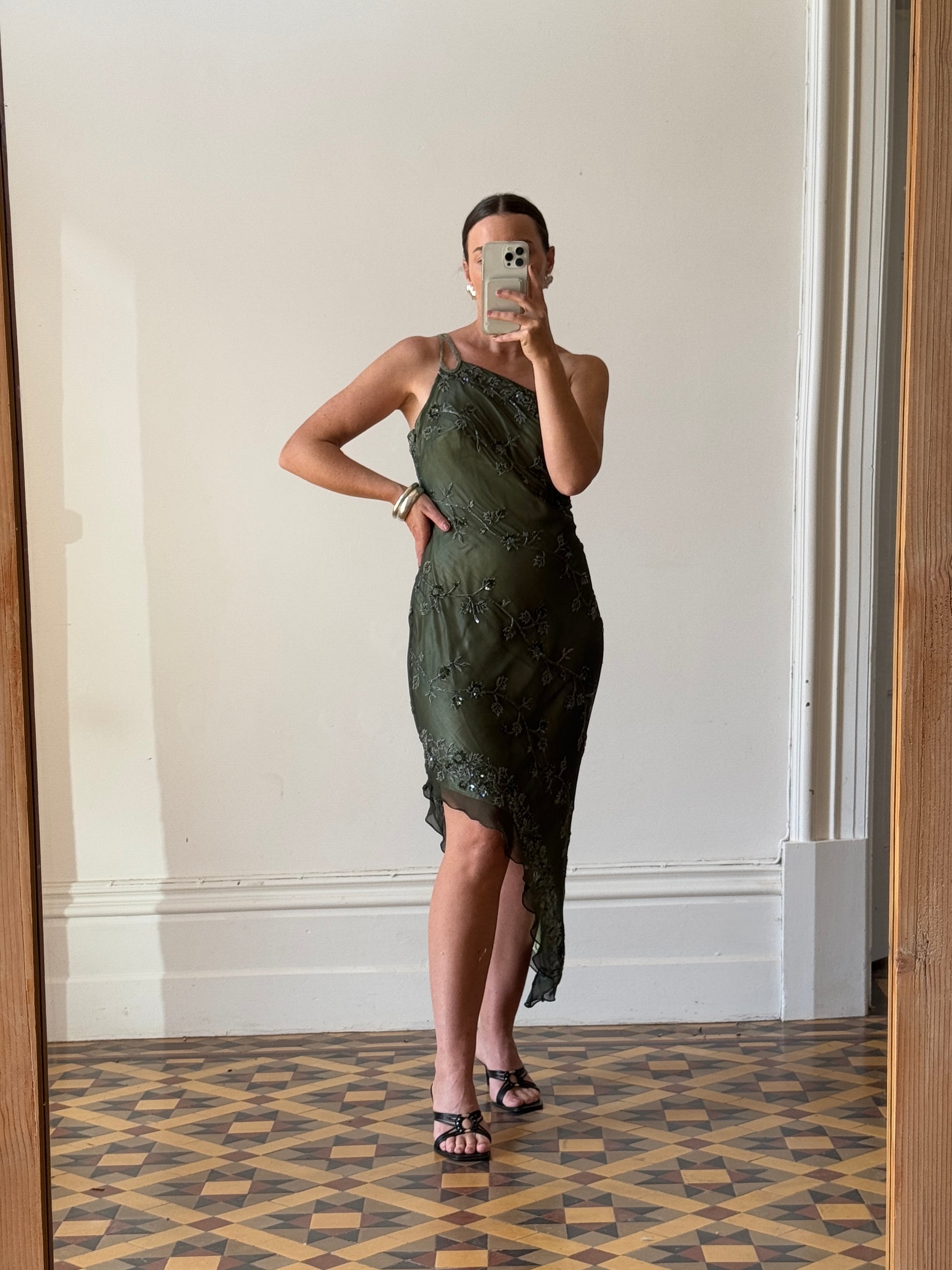 Vintage 90s Pure Silk Embellished Asymmetrical Midi Dress Olive