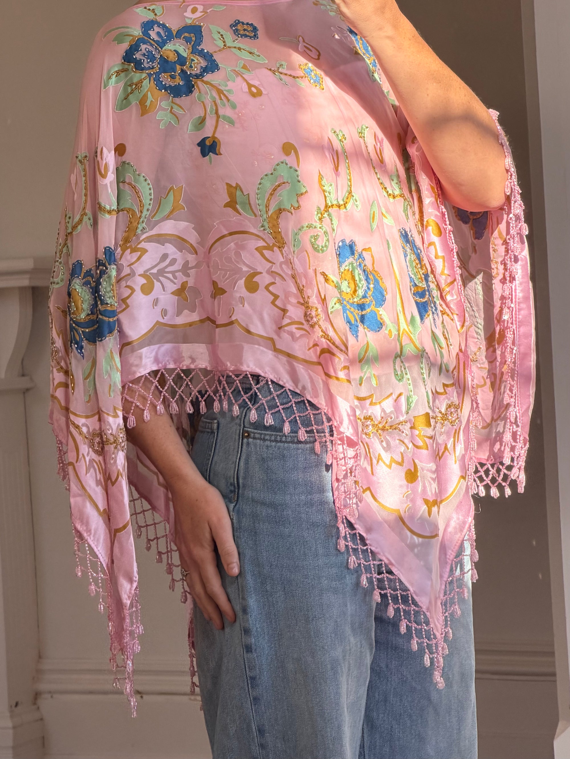 Vintage 90s Pink Floral Beaded Fringe Poncho
