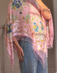 Vintage 90s Pink Floral Beaded Fringe Poncho