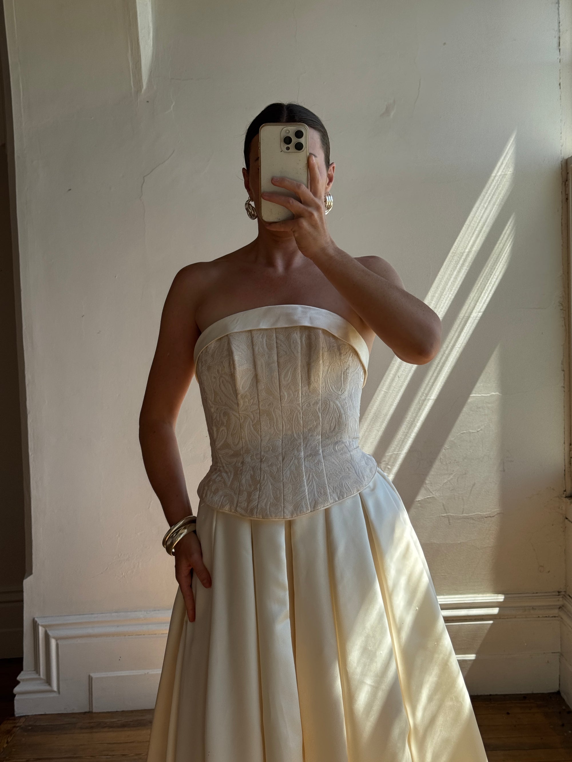 Vintage 90s Princess Brocade Champagne Wedding Gown