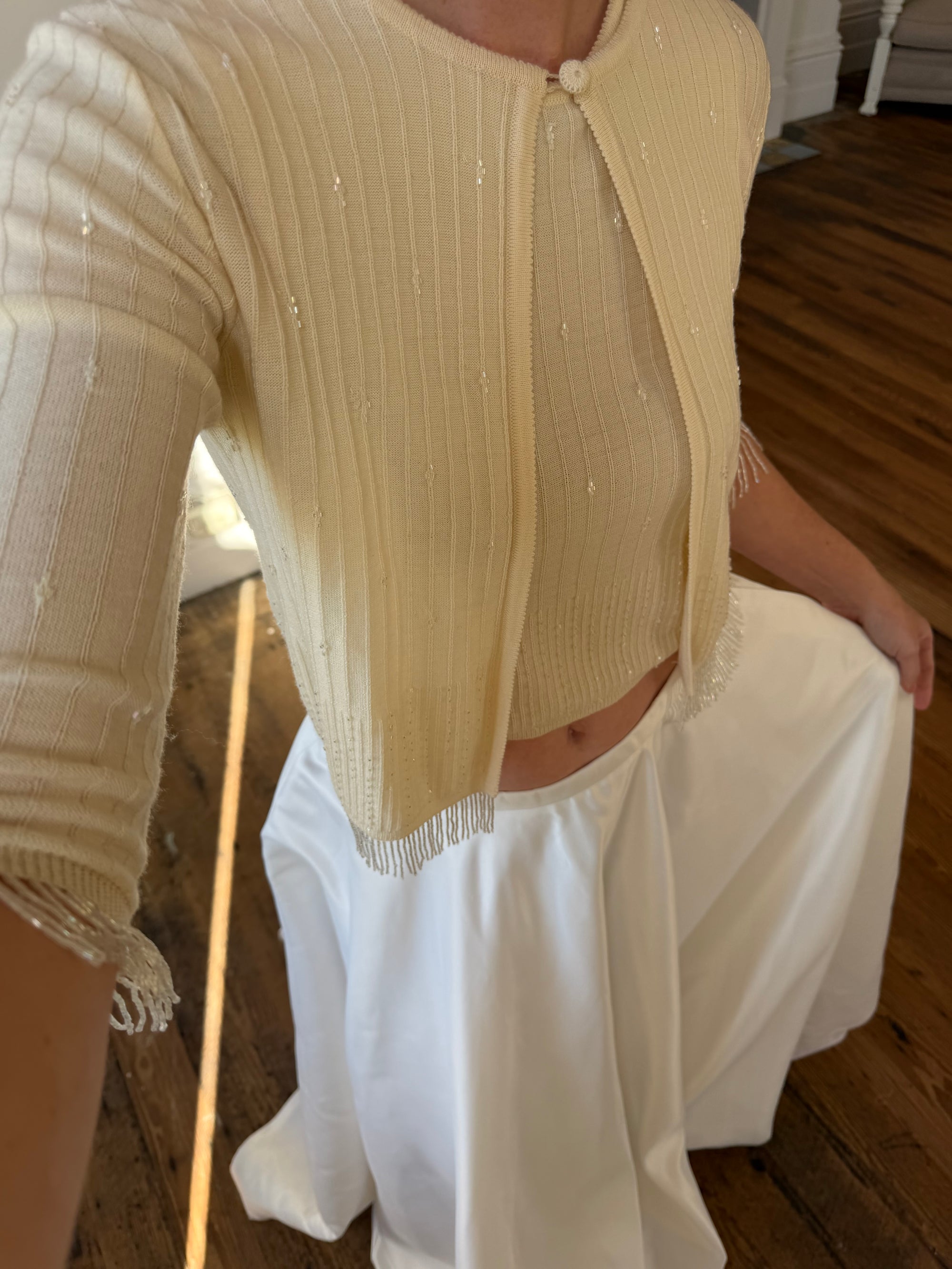 Vintage 60s Merino Wool Beaded Fringe Cardi and Tank Set