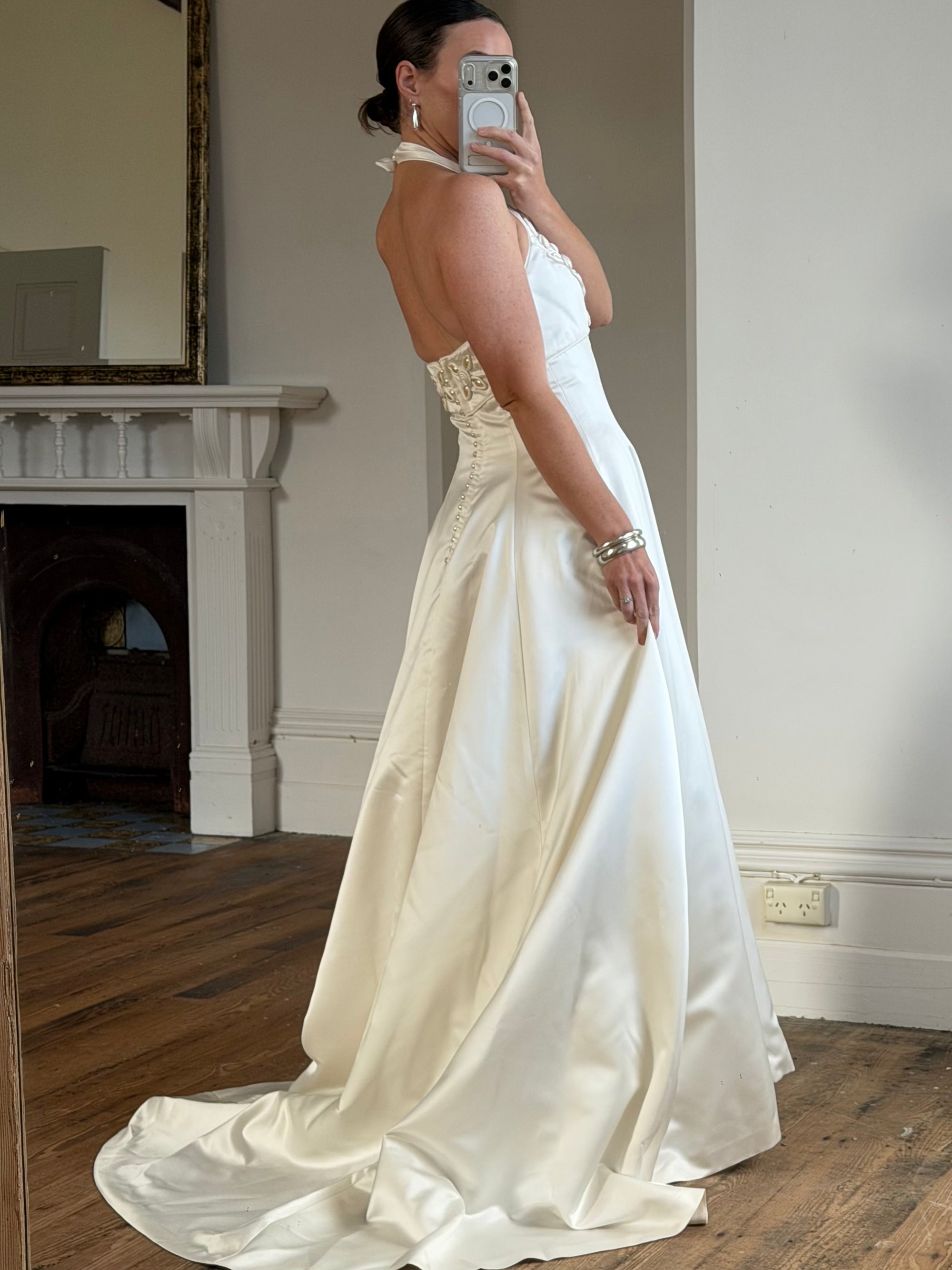 Vintage 90s Ivory Beaded Halter Bridal Ballgown