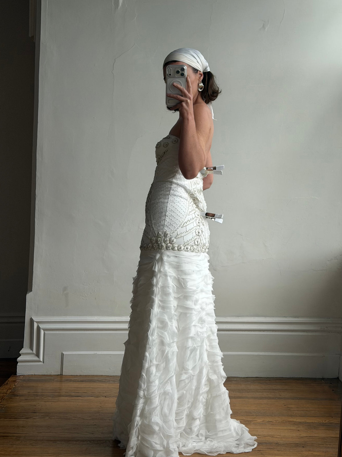 Vintage 90s Strapless Embellished Ruffled Wedding Gown