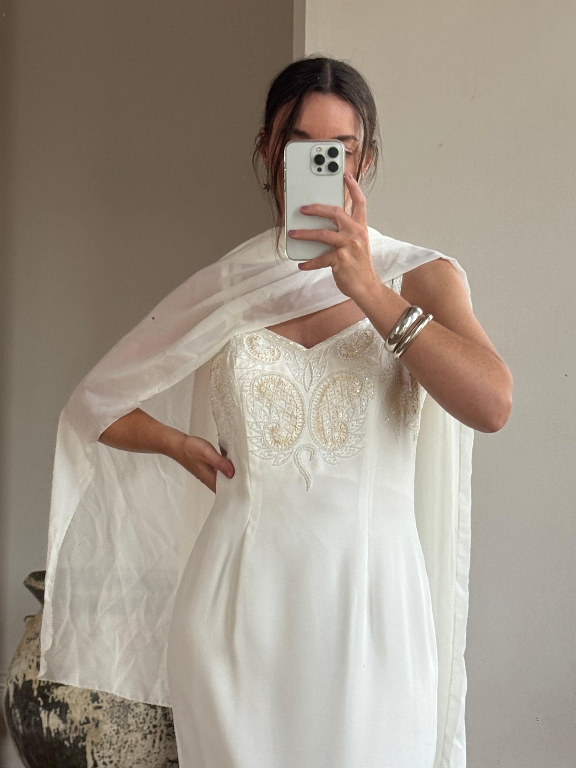 Vintage 90s Crepe Beaded Column Bridal Slip