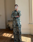Vintage 70s Paisley Tapestry Long Sleeved Maxi Dress Blue