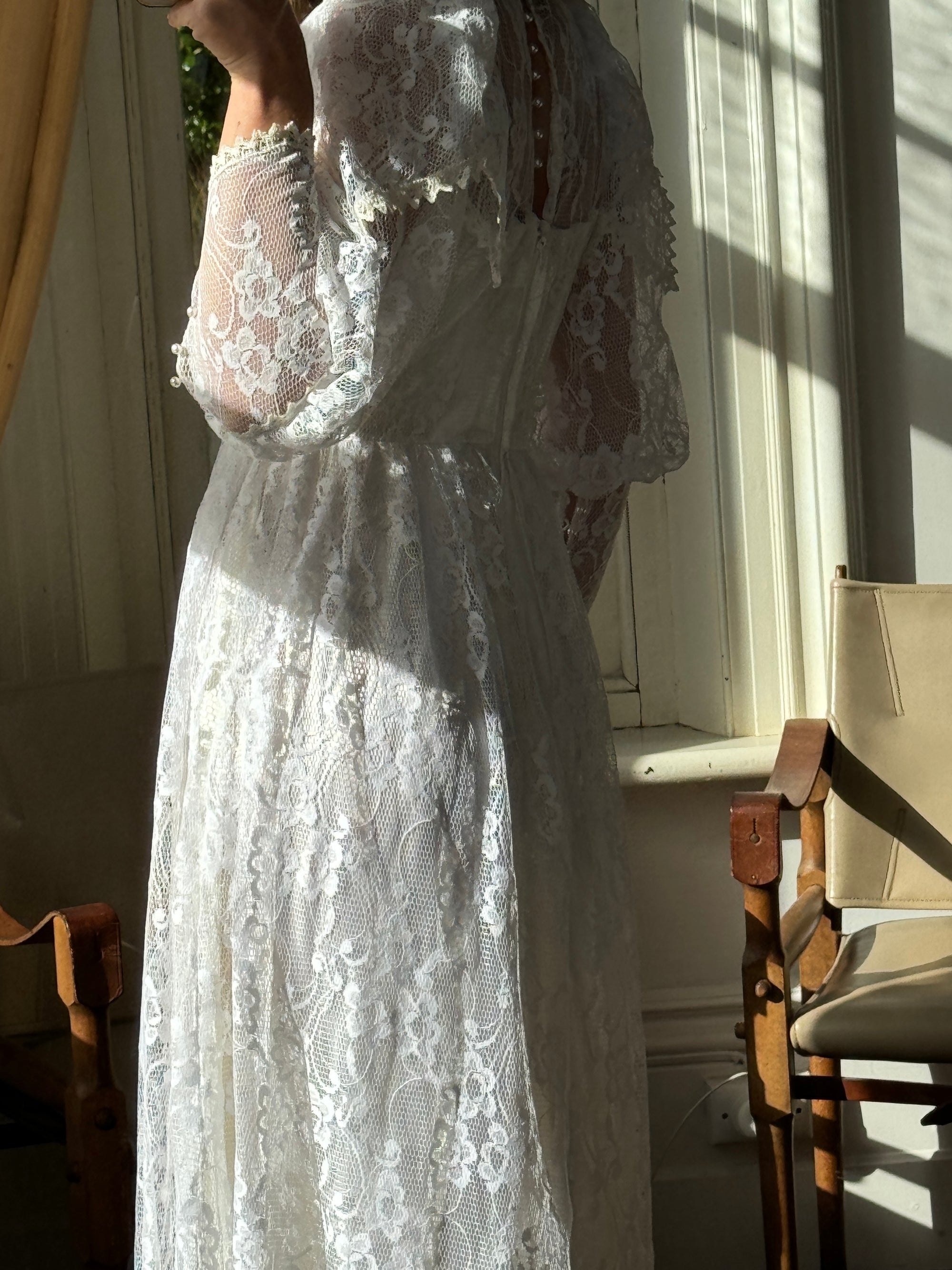 Vintage 70s Crochet Lace Mesh Maxi