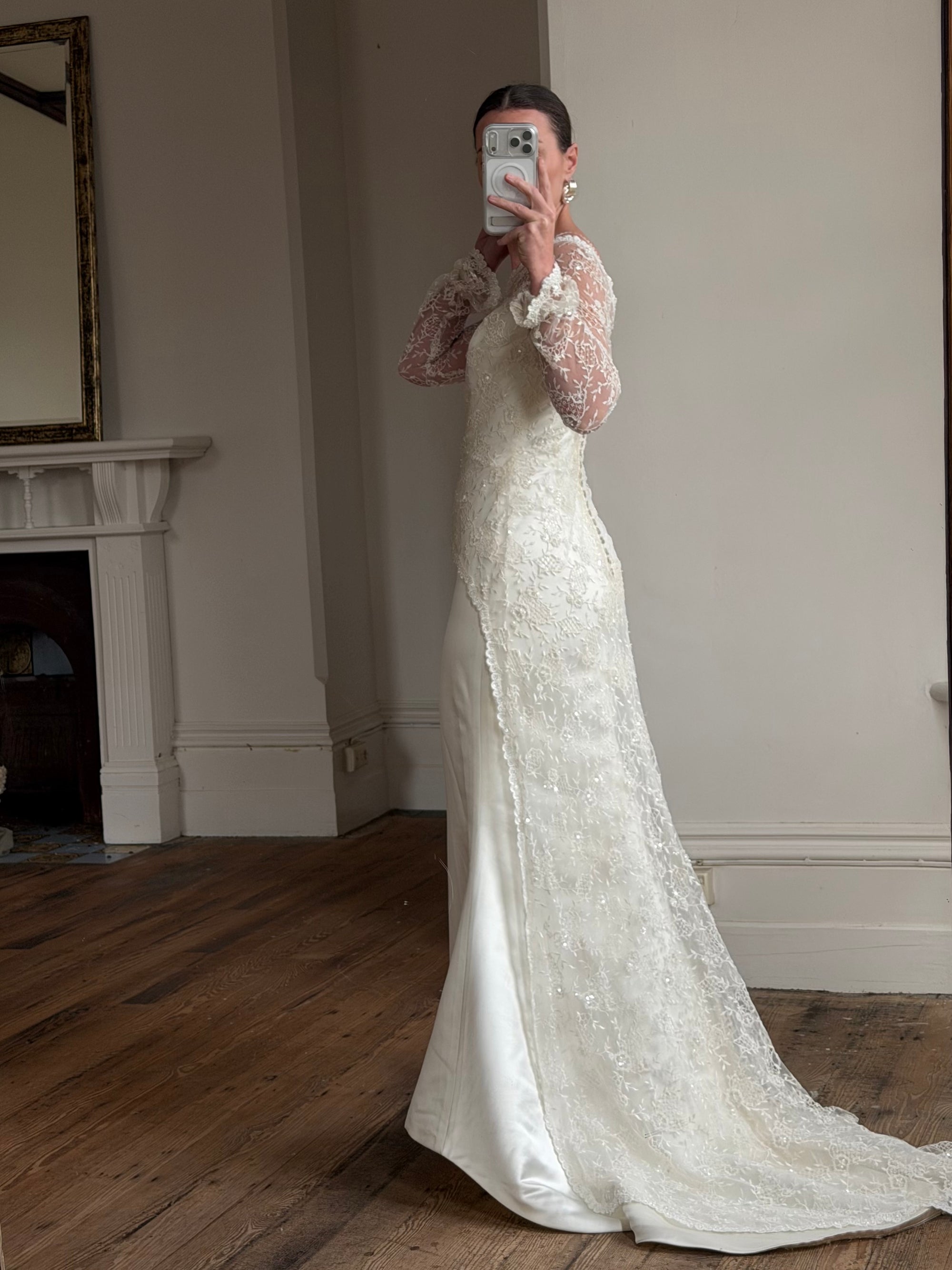 Vintage 90s Italian Beaded Lace and Satin Wedding Gown
