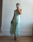 Vintage 90s Pure Silk Aquamarine Fairy Beaded Dress