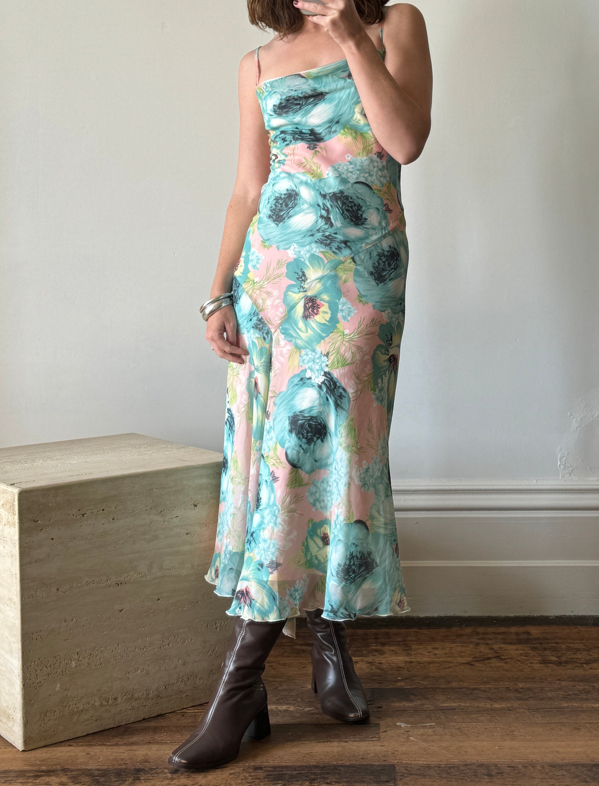 Vintage 90s Peach and Aqua Floral Bias Slip Dress