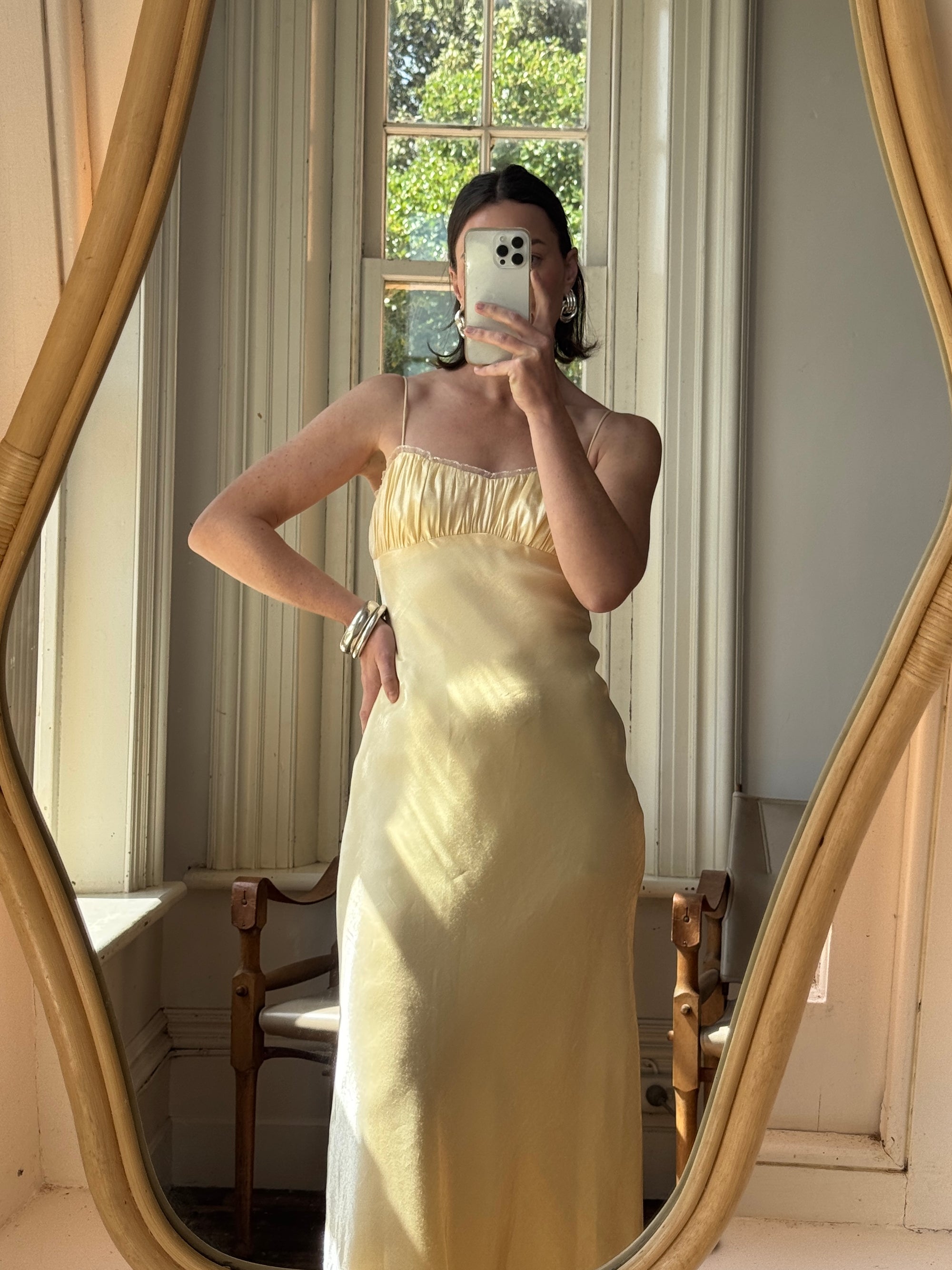Vintage 90s Butter Yellow Organza Bias Slip Dress