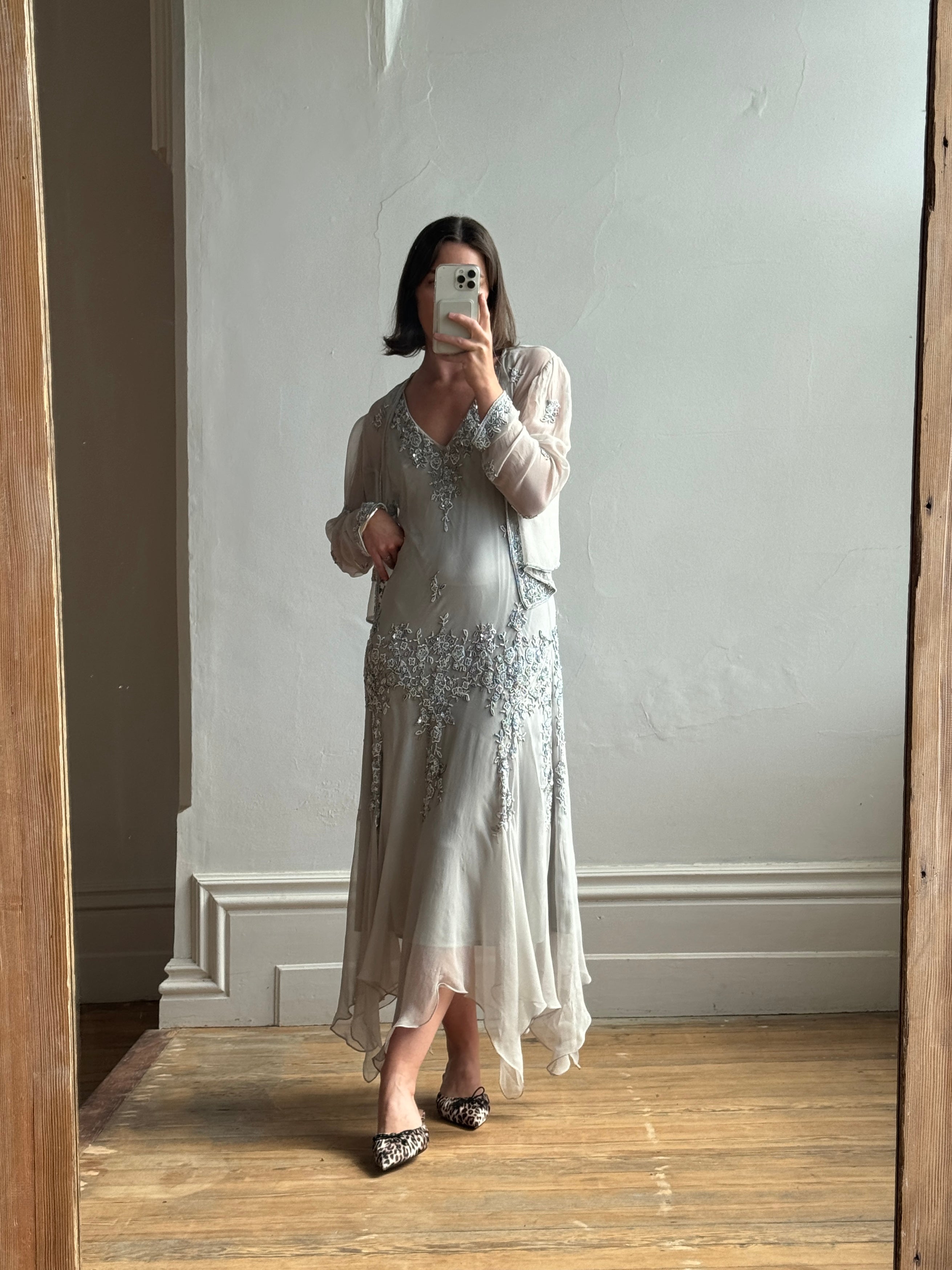 Vintage 90s Pure Silk Beaded V Neck Dress Light Grey