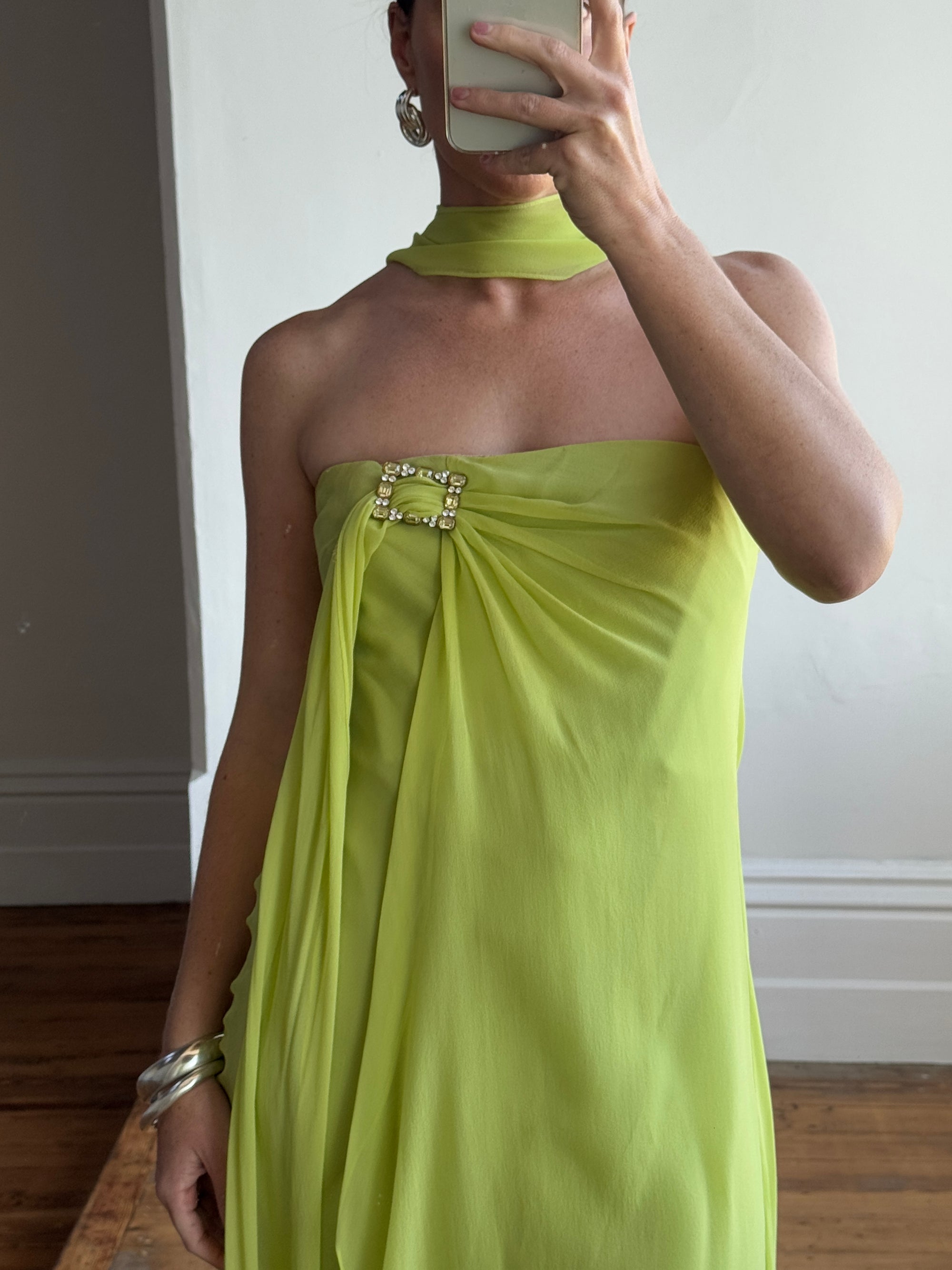 Vintage Y2K Chartreuse Strapless Pure Silk Brooch Dress