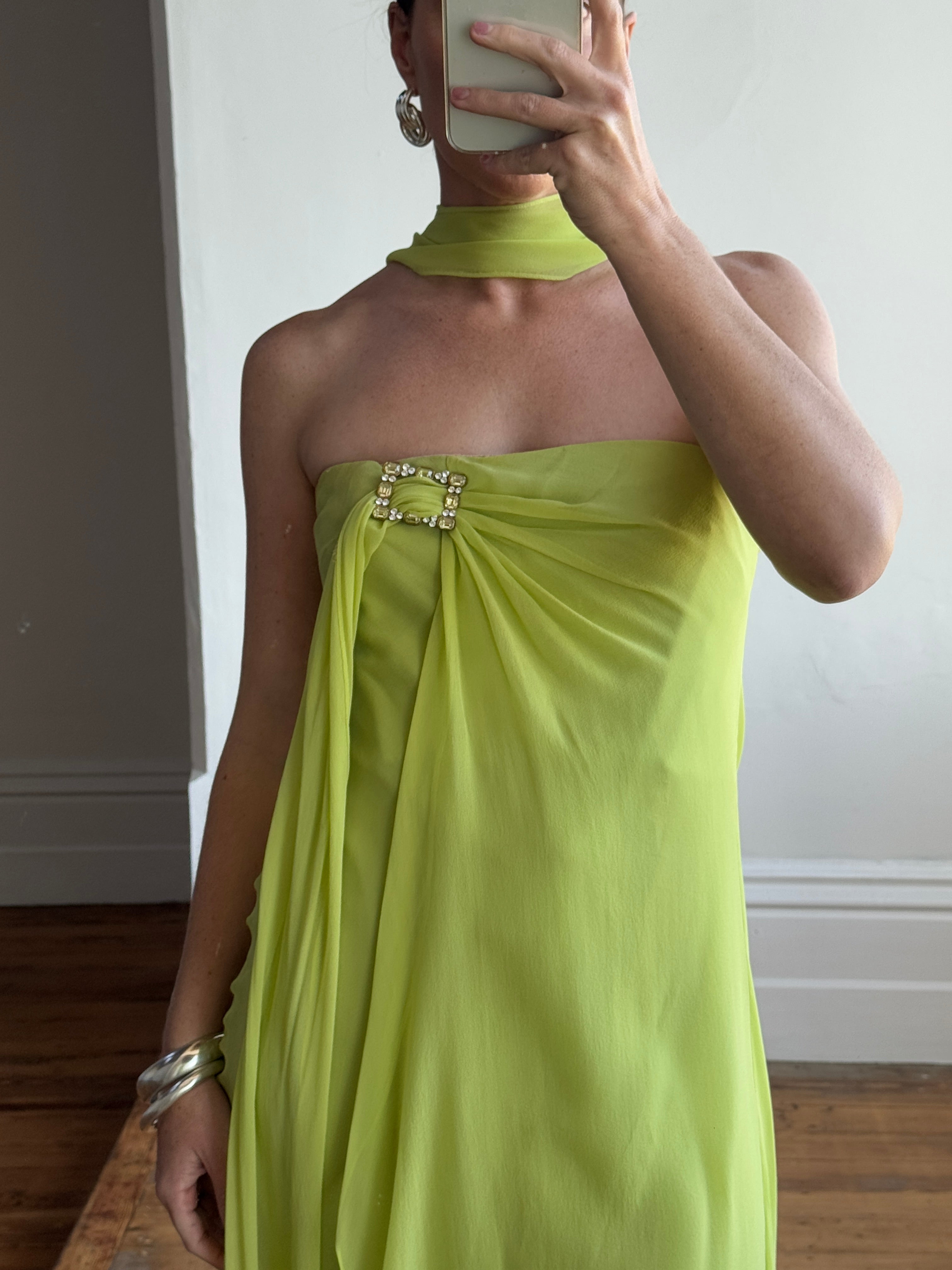 Vintage Y2K Chartreuse Strapless Pure Silk Brooch Dress