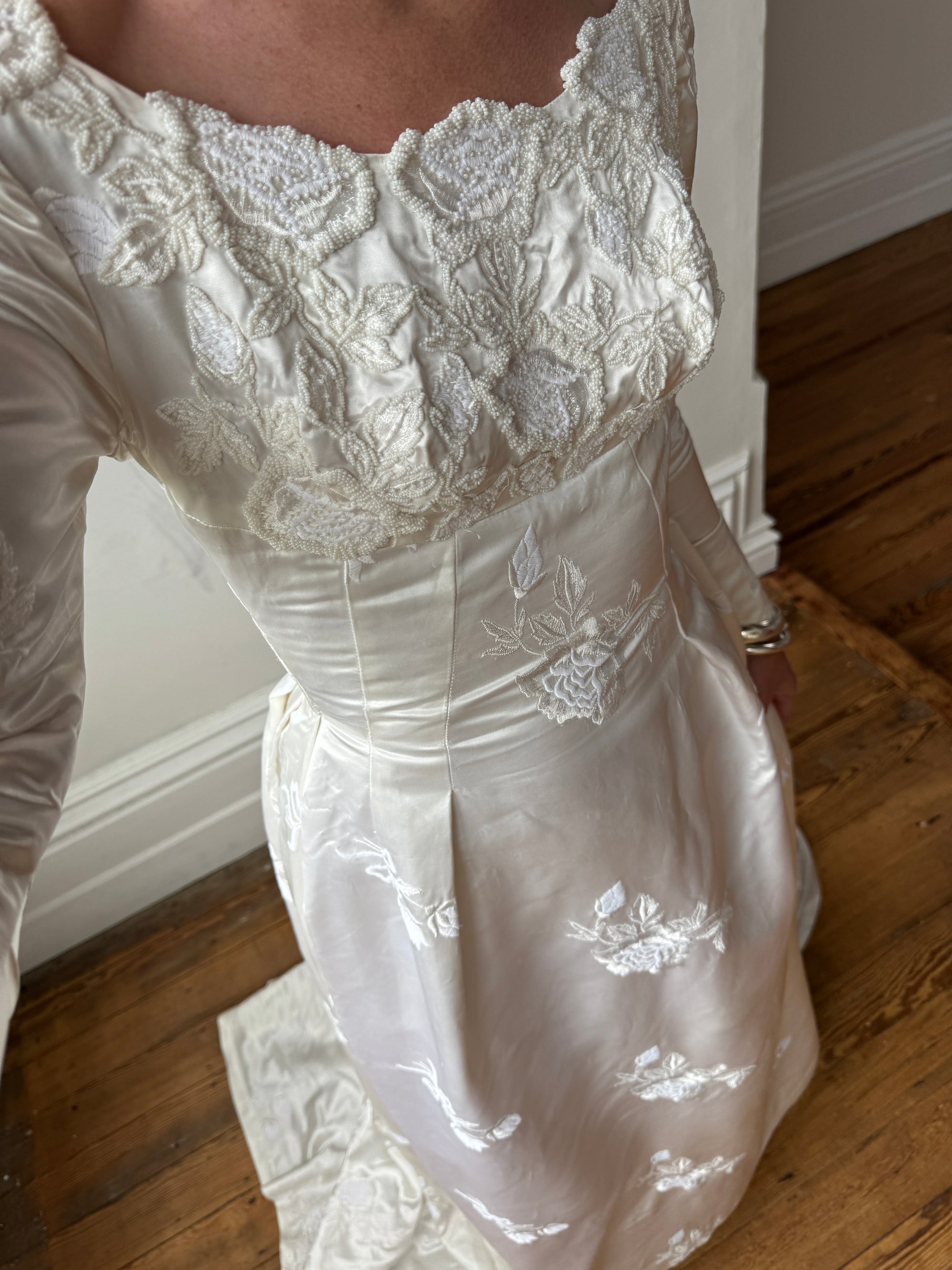 Vintage 60s Satin Jacquard Embellished Wedding Gown Ivory
