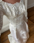 Vintage 60s Satin Jacquard Embellished Wedding Gown Ivory