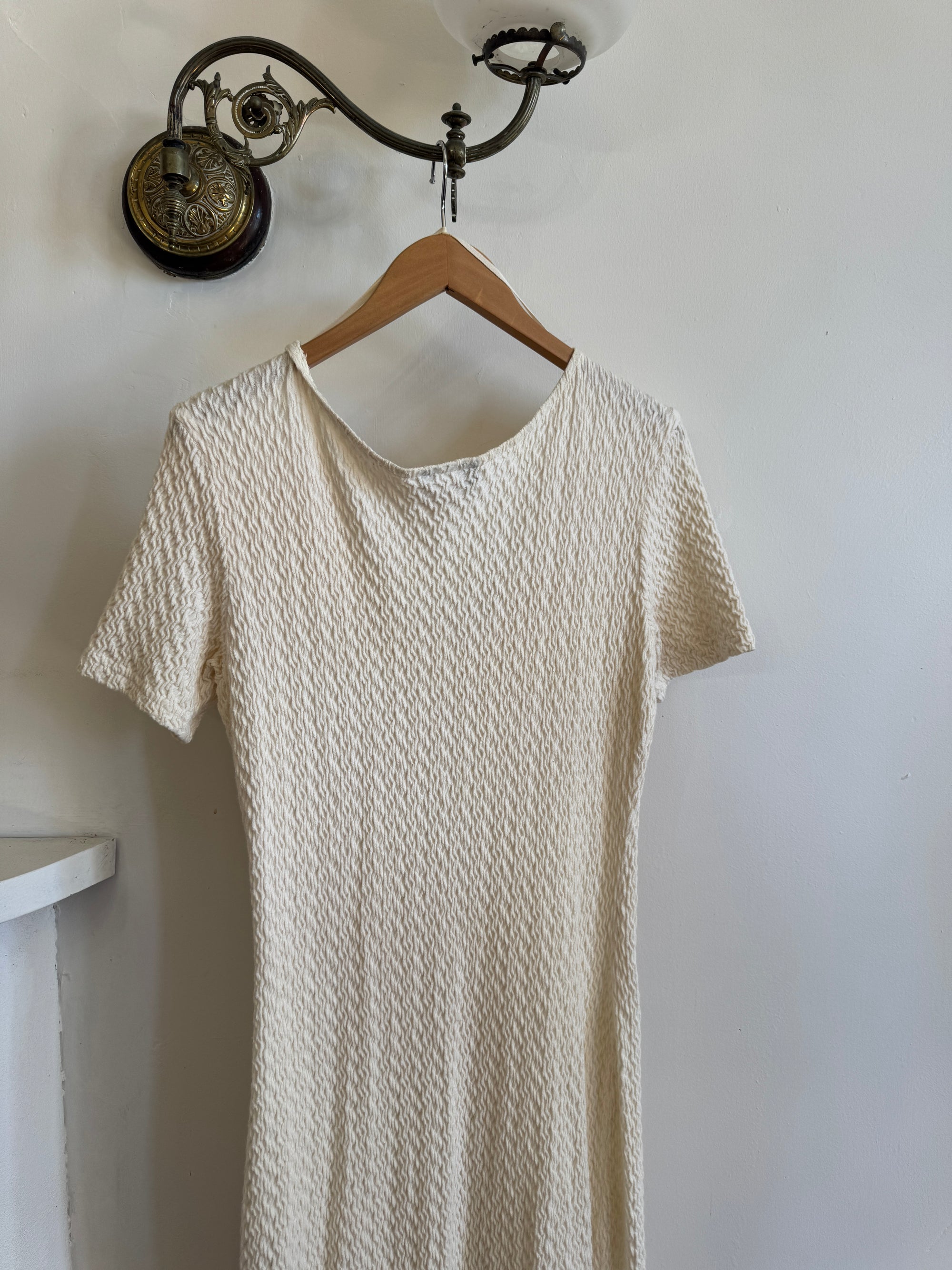 Vintage 90s Popcorn Short Sleeve Stretch Midi Ivory