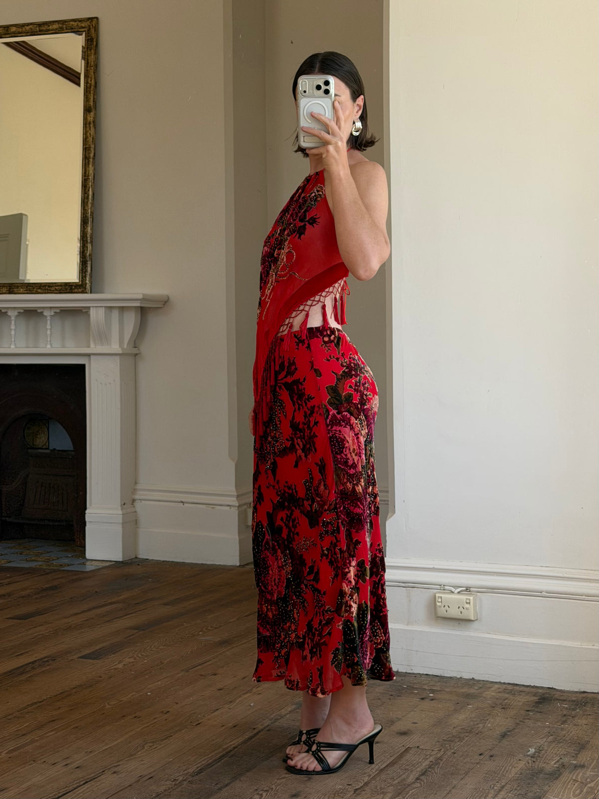 Vintage Y2K Burnt Velvet Beaded Fringe Halter and Skirt Set Crimson