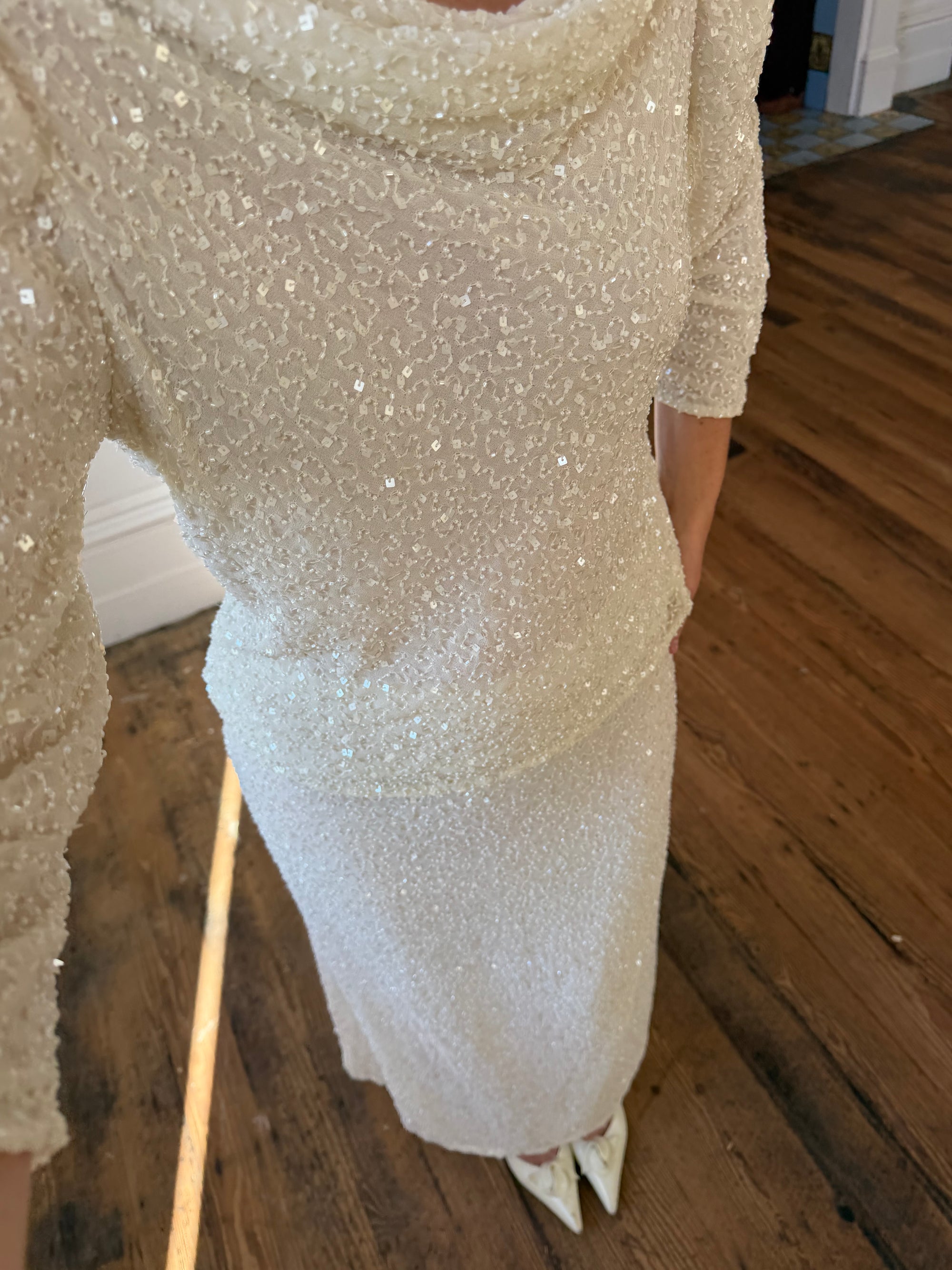 Vintage 80s Sequin Pure Silk Two Piece Bridal Set