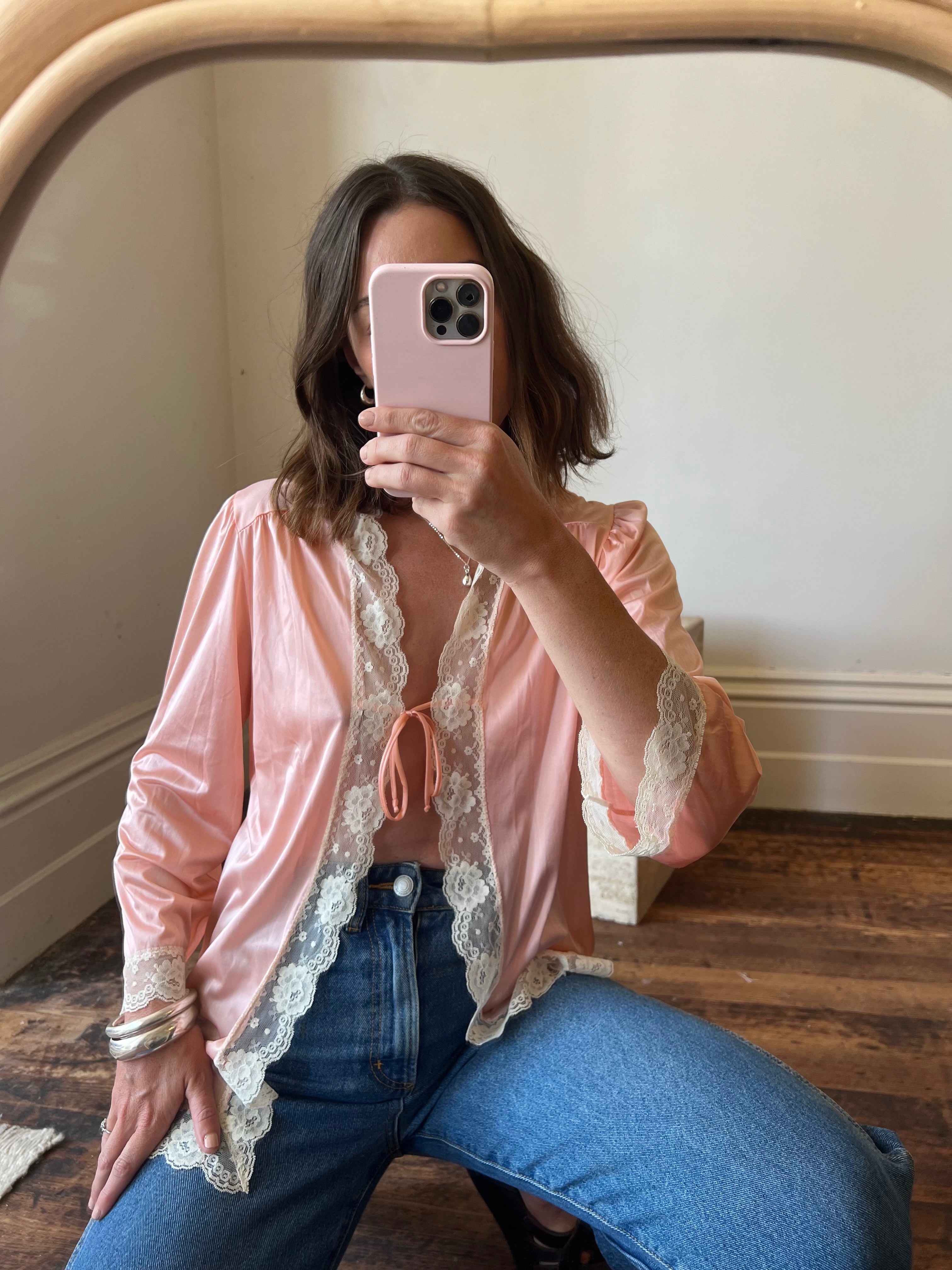 Vintage Long Sleeve Peach Tie Top