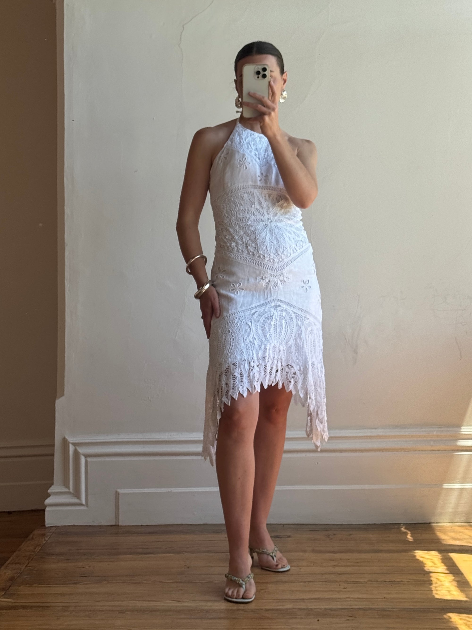 Vintage 90s Crochet Linen Handkerchief Halter Dress
