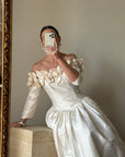 Vintage 80s Pure Silk Rosette Off Shoulder Gown