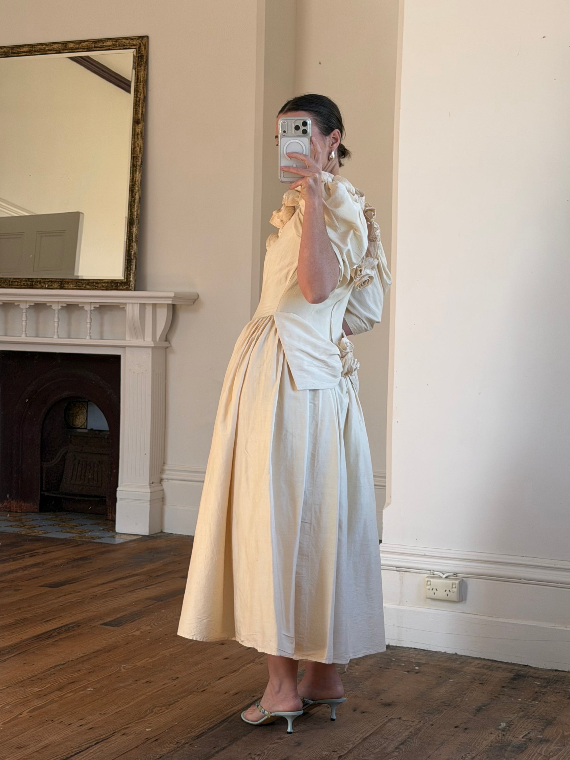 Vintage 90s Silk Dupion Rosette Bridal Midi Gown
