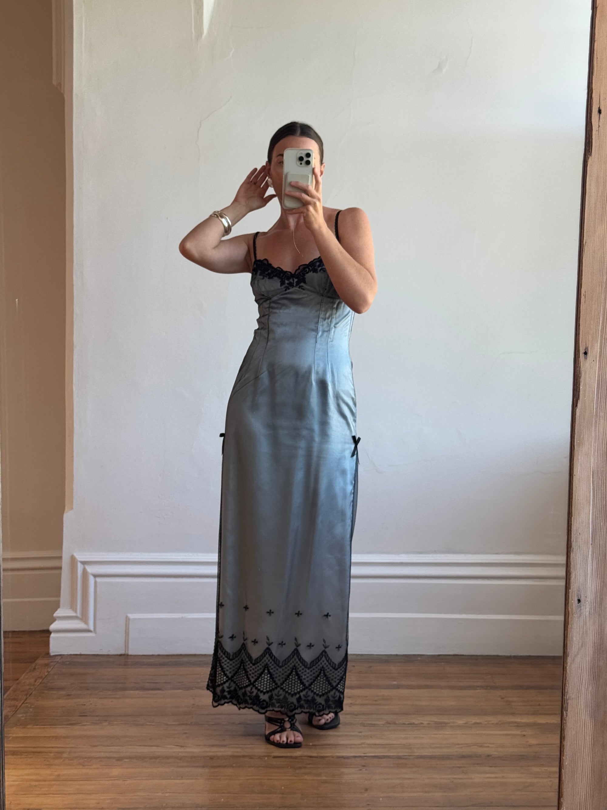 Vintage 90s Mesh Strappy Slip Dress Blue Satin Noir