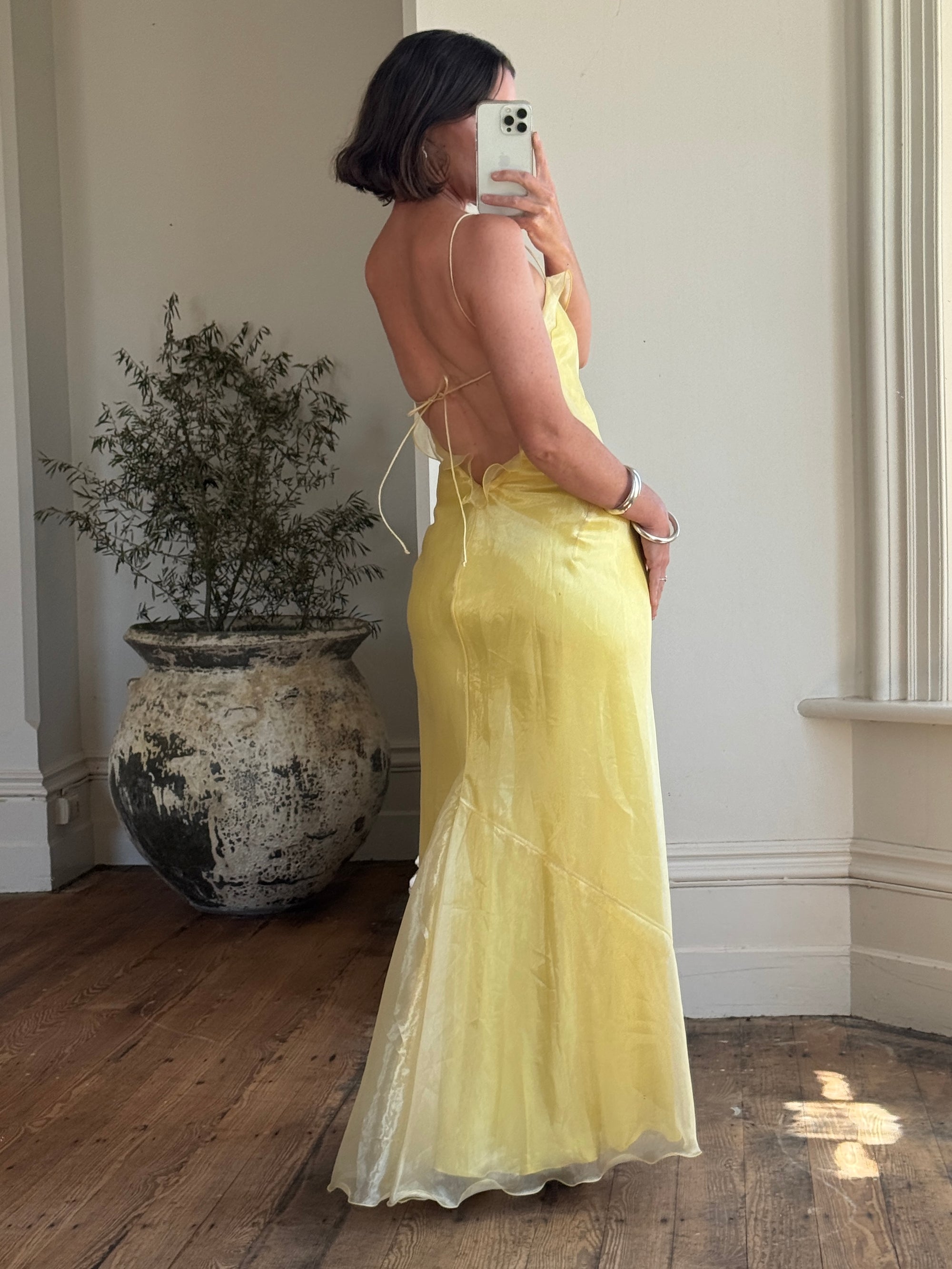 Vintage 90s Organza Yellow Ruffle Prom Slip Dress