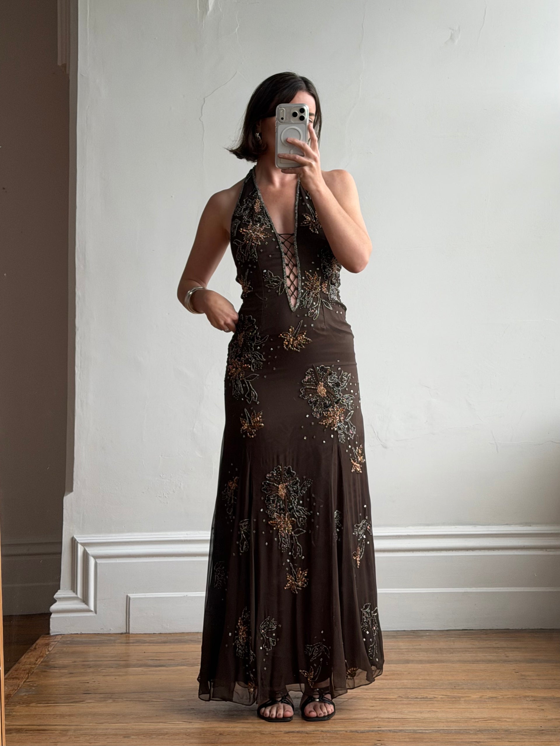 Vintage 90s Pure Silk Beaded Lace Up Dress Chocolate – Call Me The Breeze