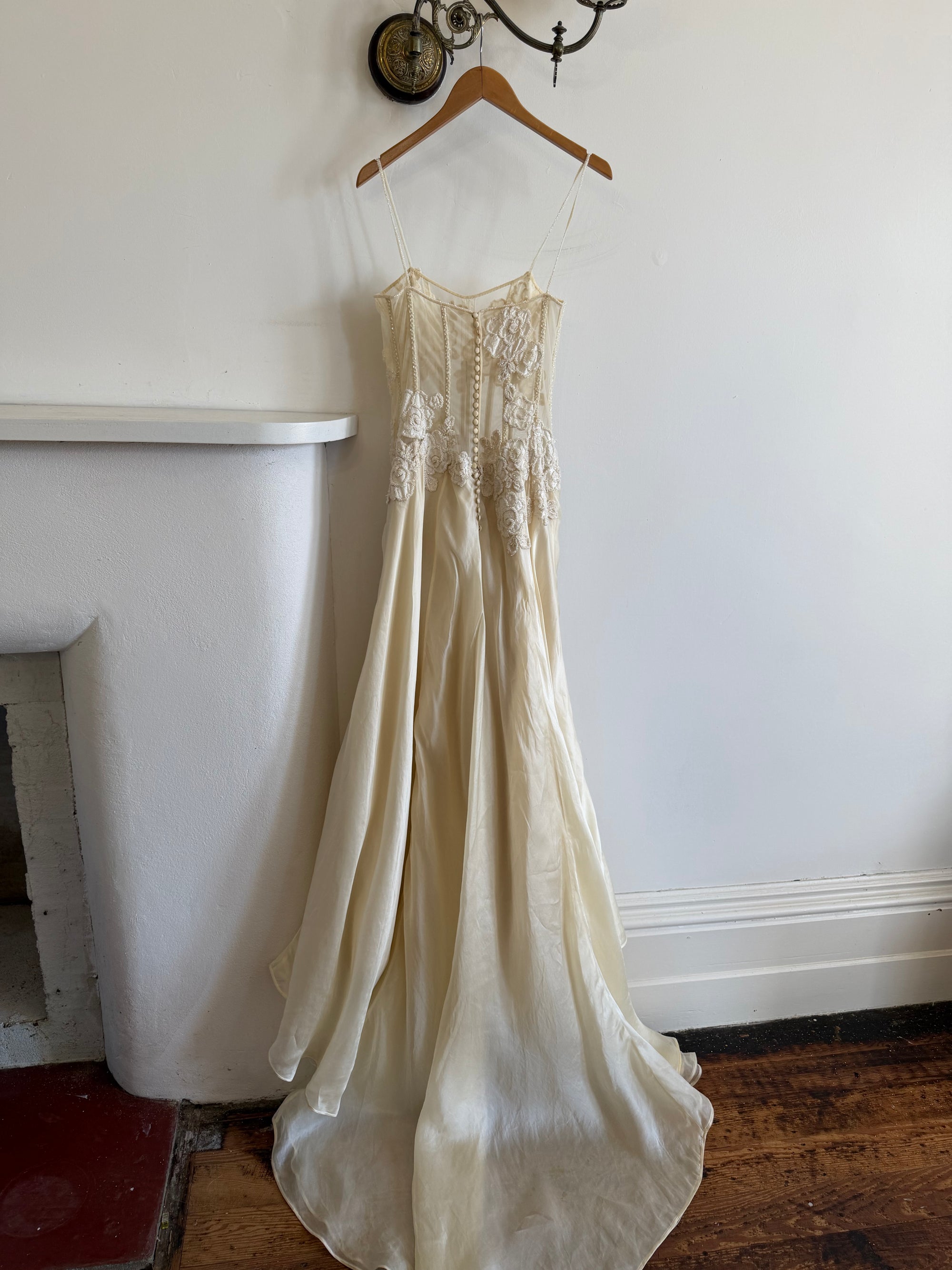 Vintage 90s Italian Nude Floral Beaded Silk Organza Wedding Gown
