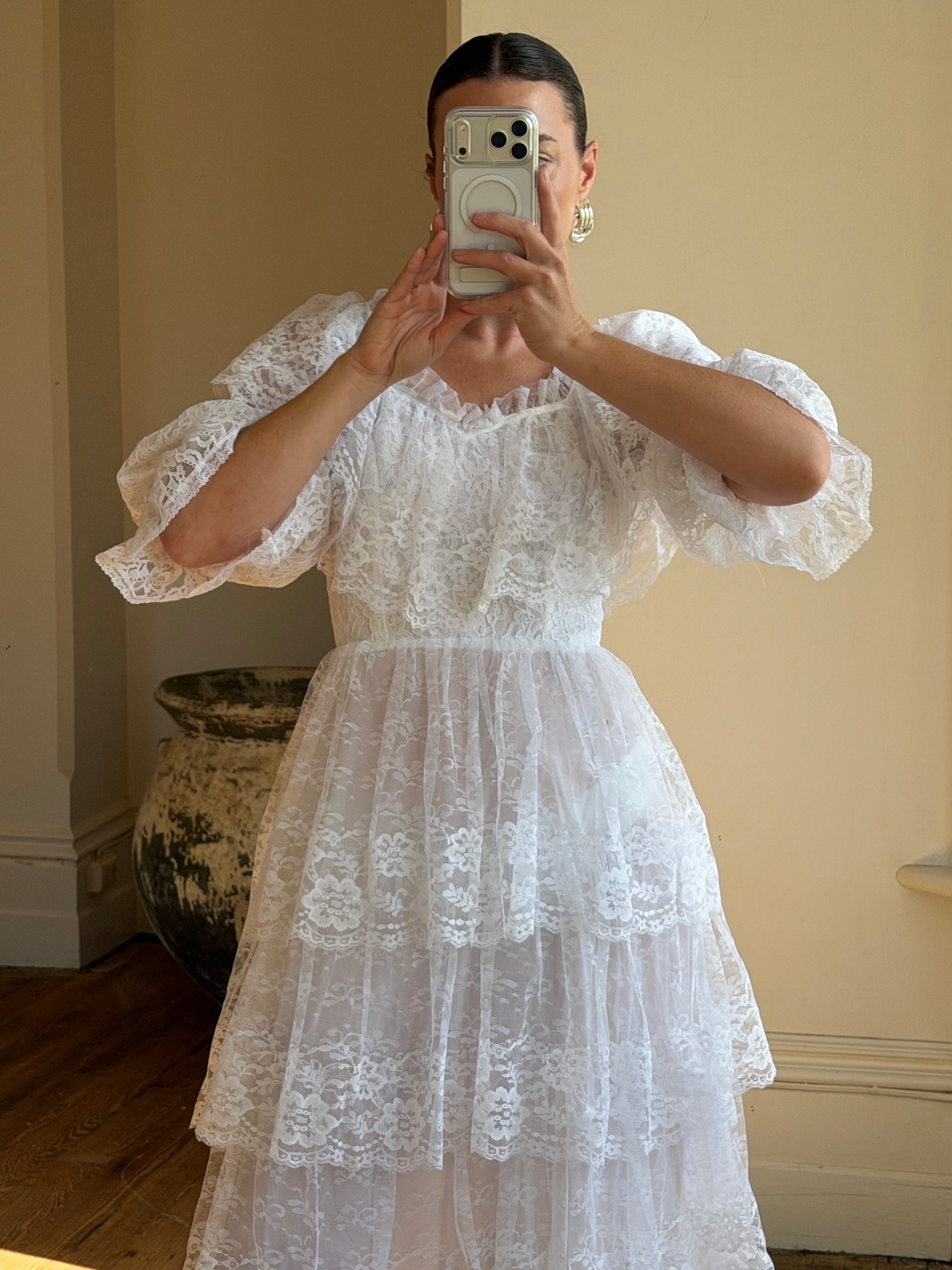 Vintage 70s Tiered Lace Wedding Dress Crisp White