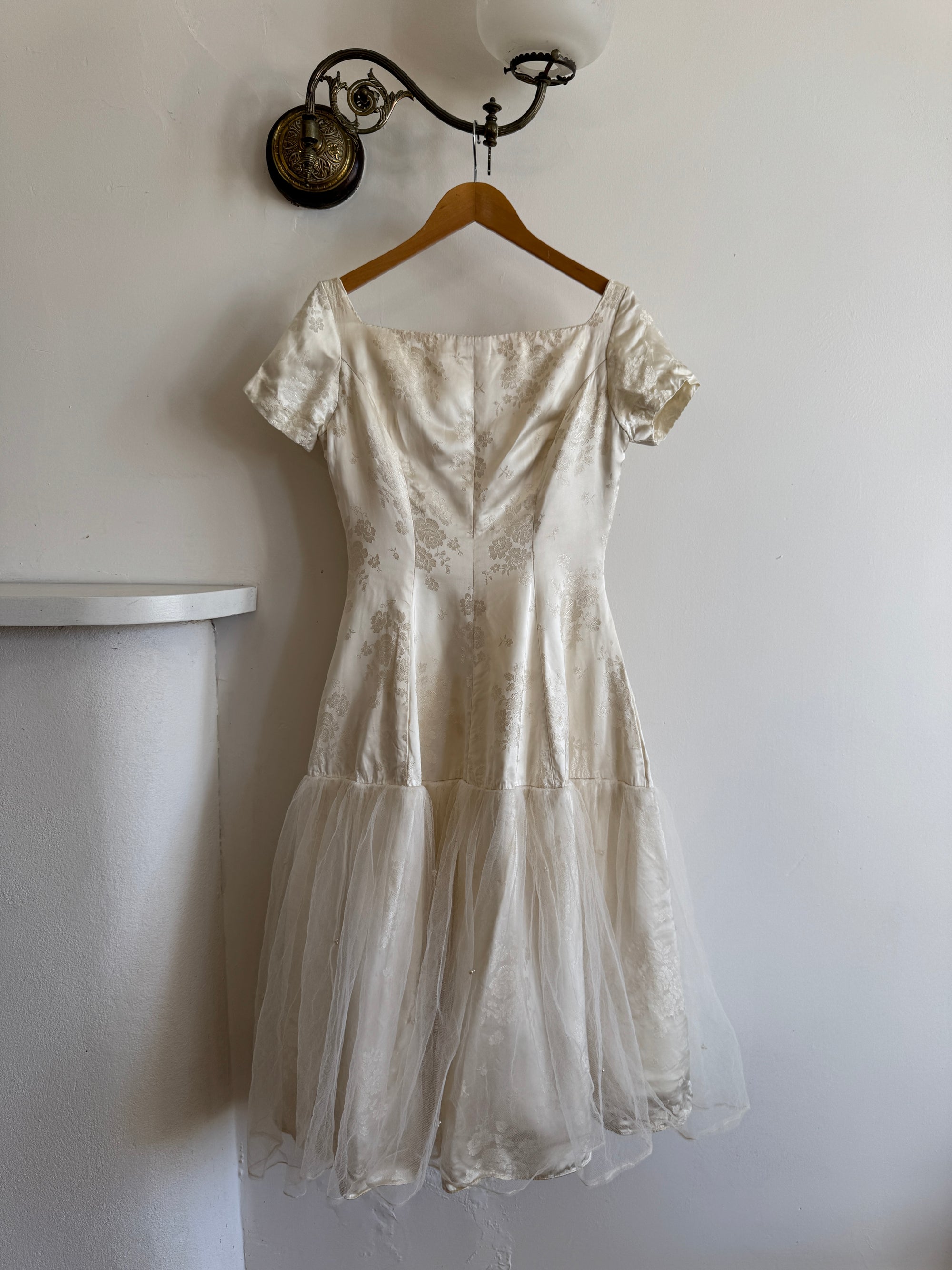 Vintage 50s Tea Length Jacquard Satin and Tulle Wedding Dress