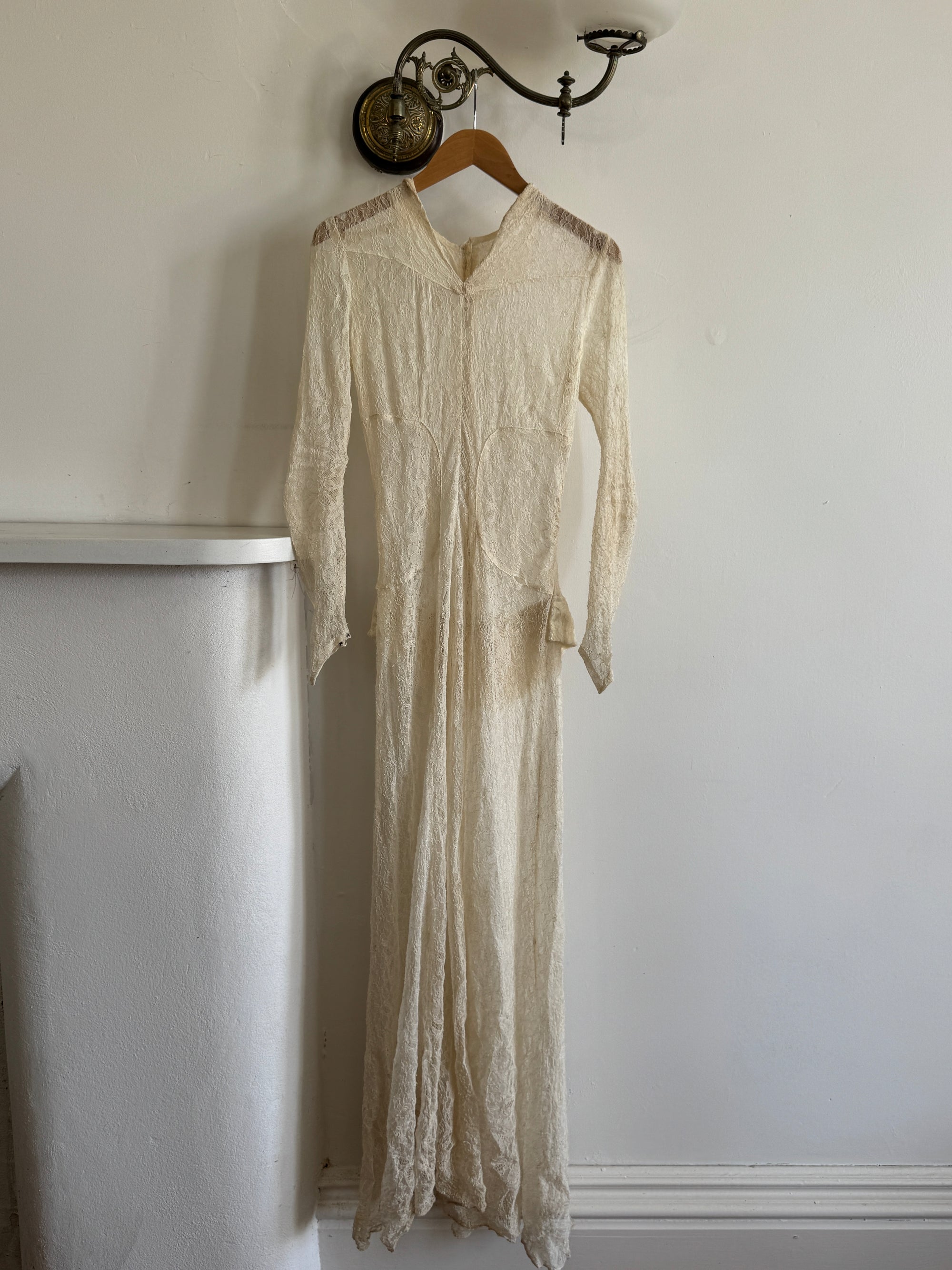 Vintage 20s Sheer Lace Bias Cut Wedding Gown