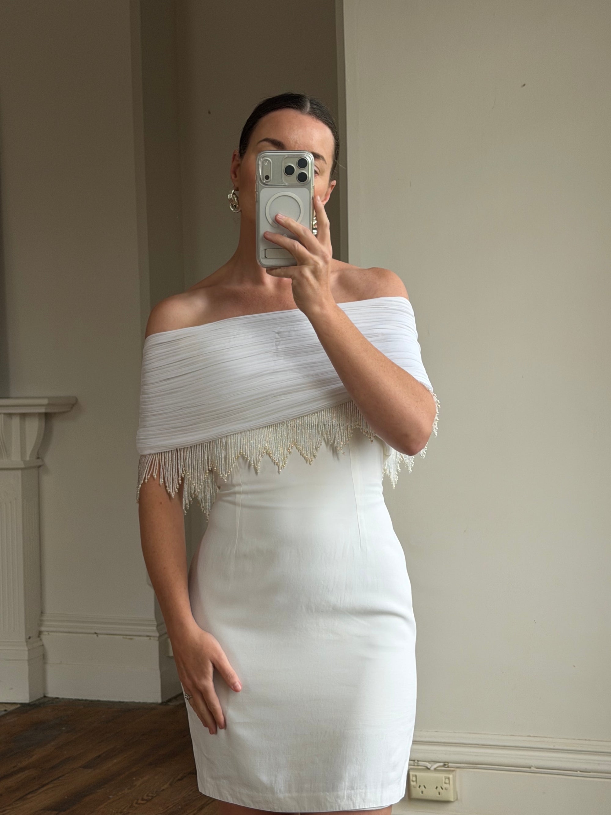 Vintage 90s White Pleated Beaded Fringe Mini Dress