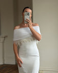 Vintage 90s White Pleated Beaded Fringe Mini Dress
