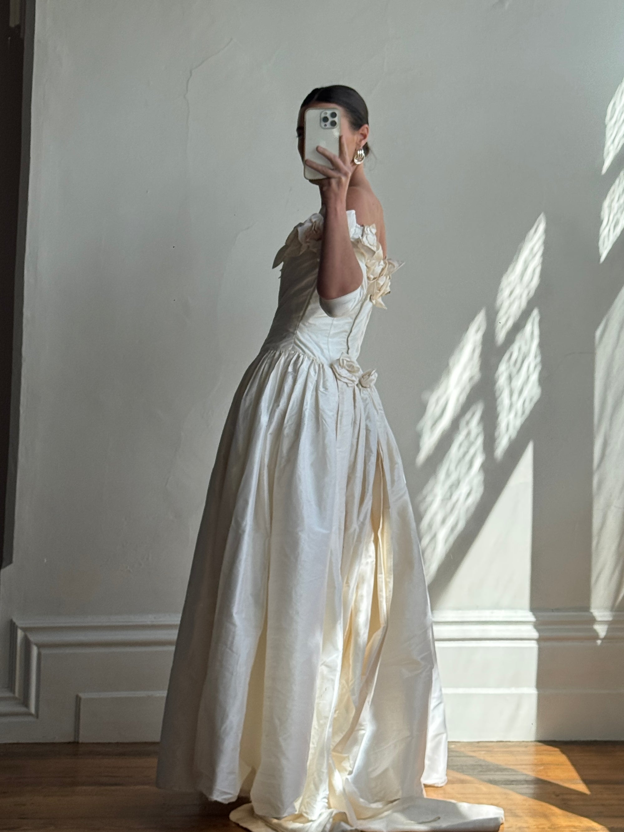 Vintage 80s Pure Silk Rosette Off Shoulder Gown