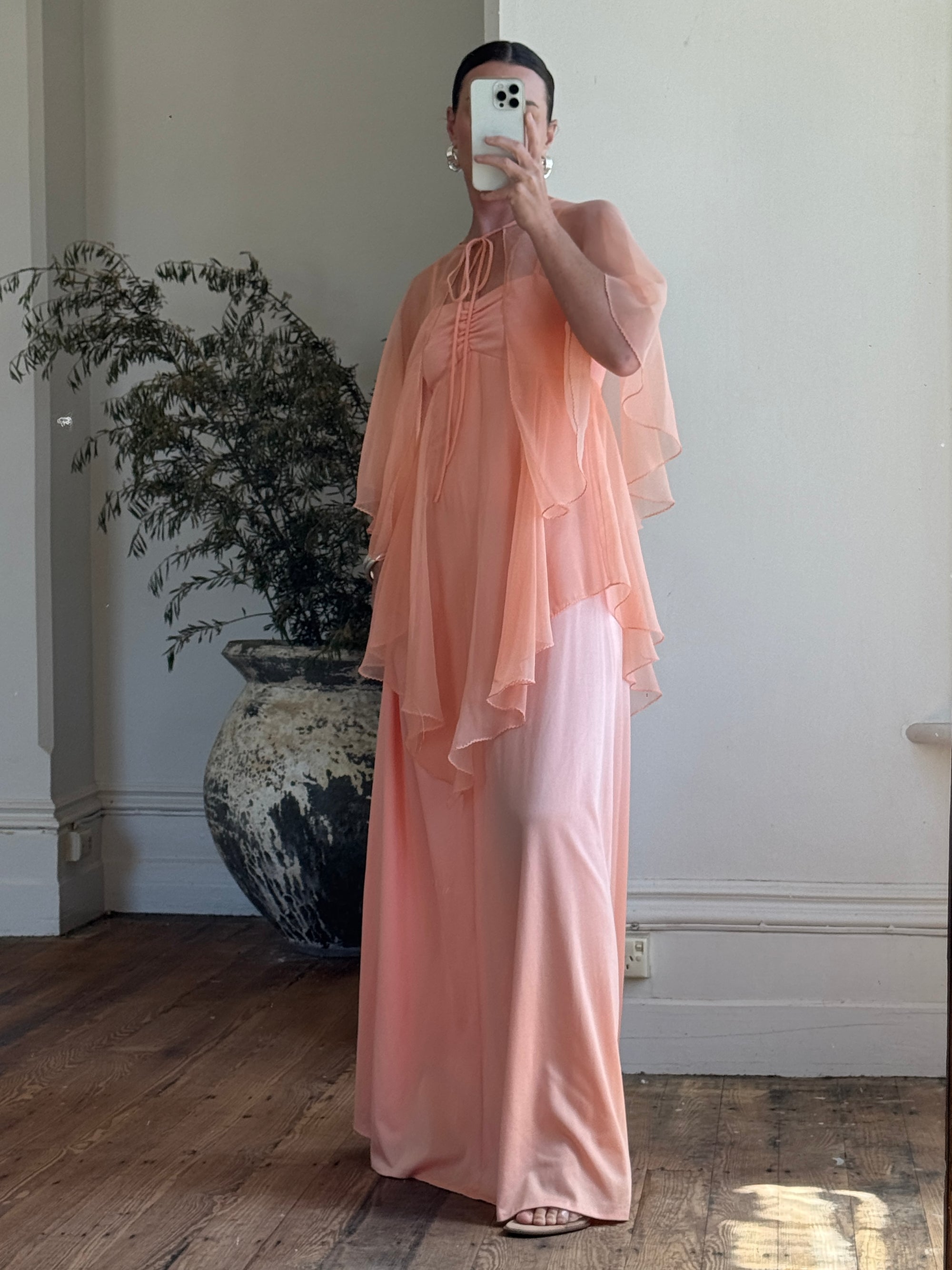 Vintage 70s Apricot Maxi Dress with Sheer Cape