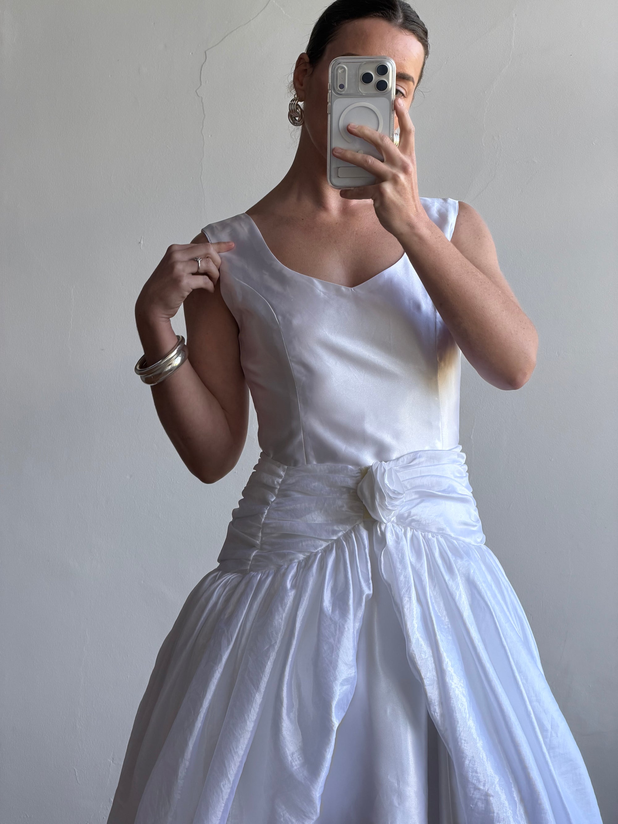 Vintage 90s Strappy Wedding Dress With Rosette Cape Pearl
