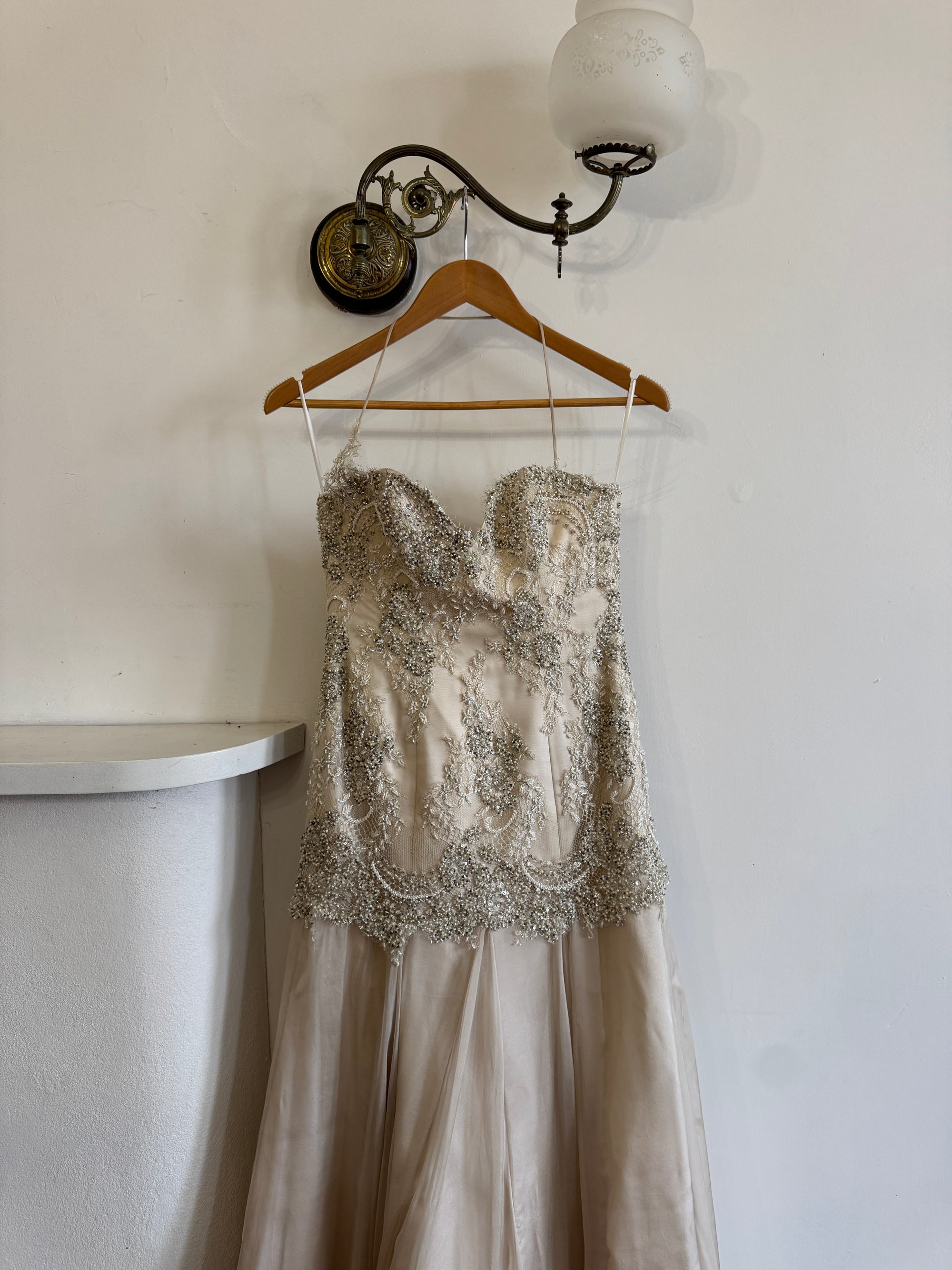Vintage 90s Pure Silk Drop Waist Beaded Halter Gown with Cathedral Train