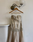 Vintage 90s Pure Silk Drop Waist Beaded Halter Gown with Cathedral Train