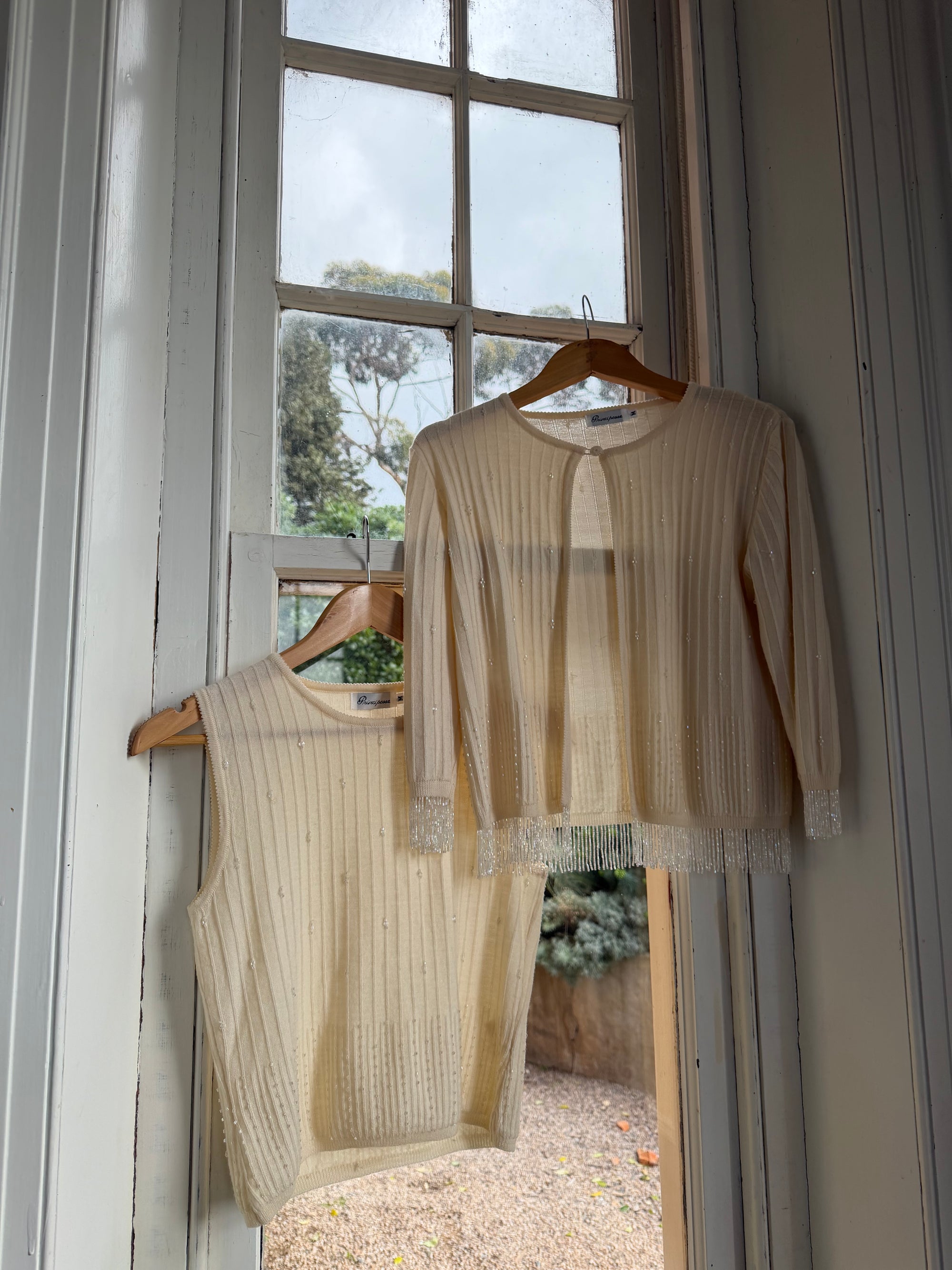 Vintage 60s Merino Wool Beaded Fringe Cardi and Tank Set