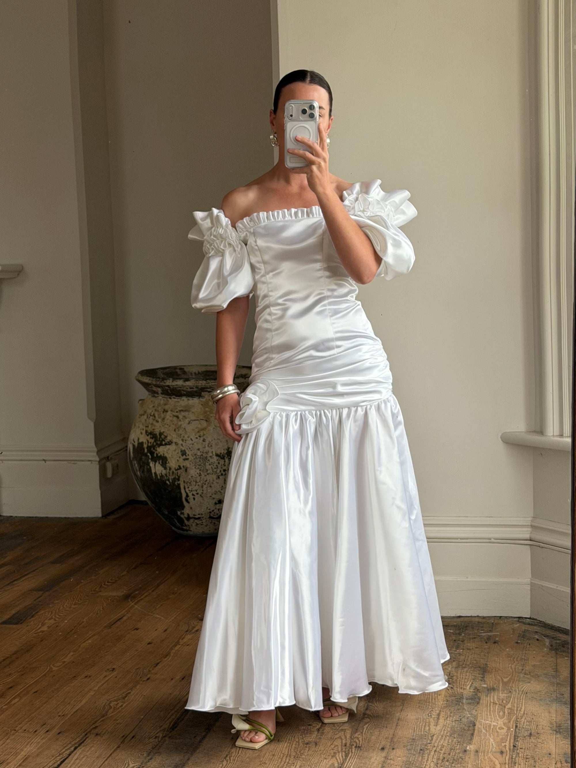Vintage 80s Satin Drop Waist Wedding Gown