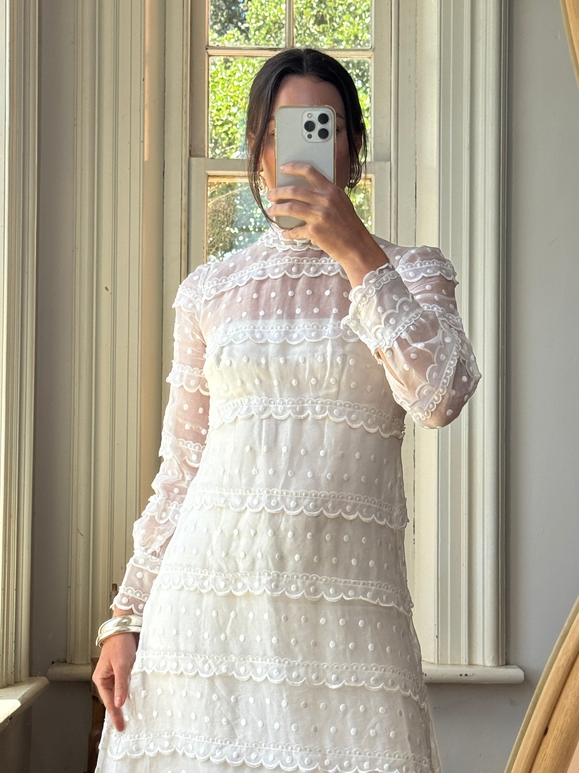 Vintage 60s Polka Dot Long Sleeved Wedding Dress Ivory