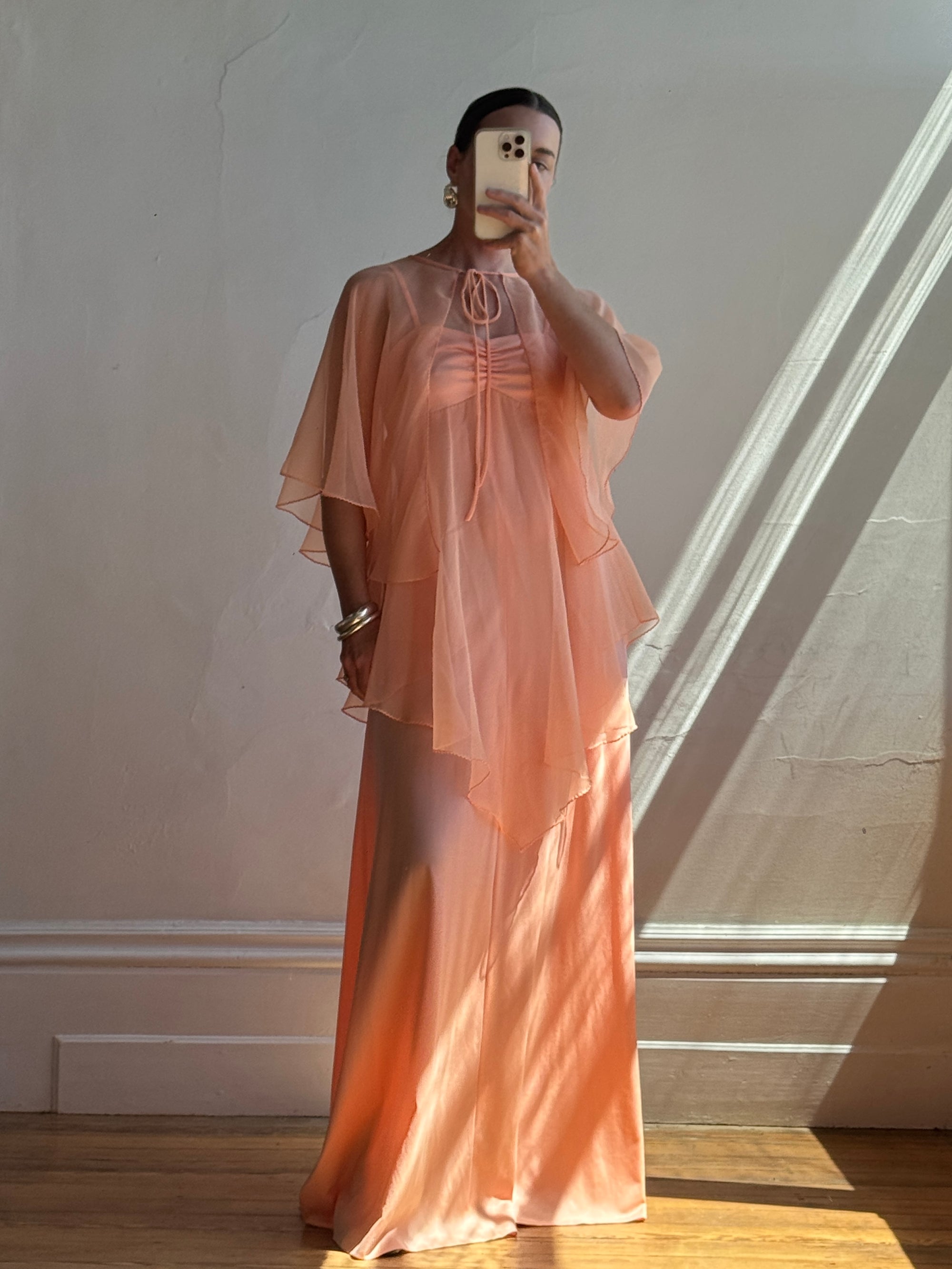 Vintage 70s Apricot Maxi Dress with Sheer Cape