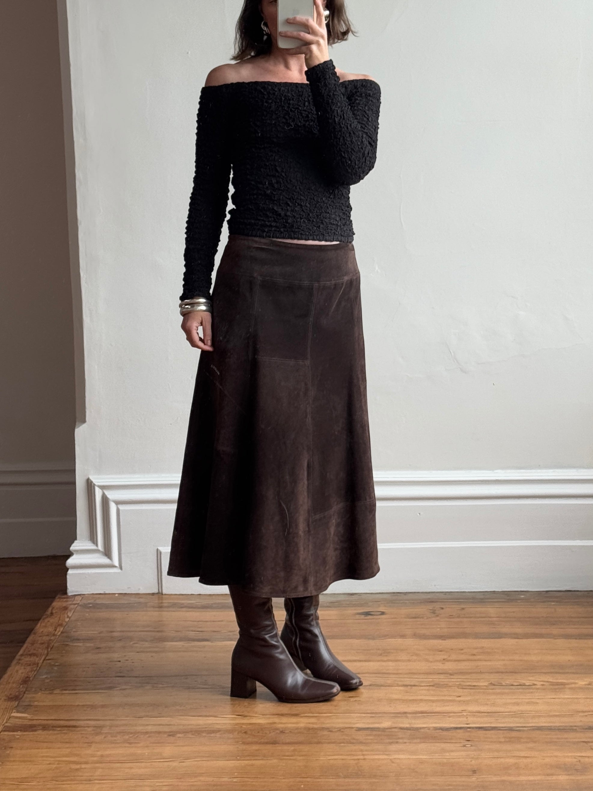Vintage 90s Chocolate Patchwork Suede Leather Skirt