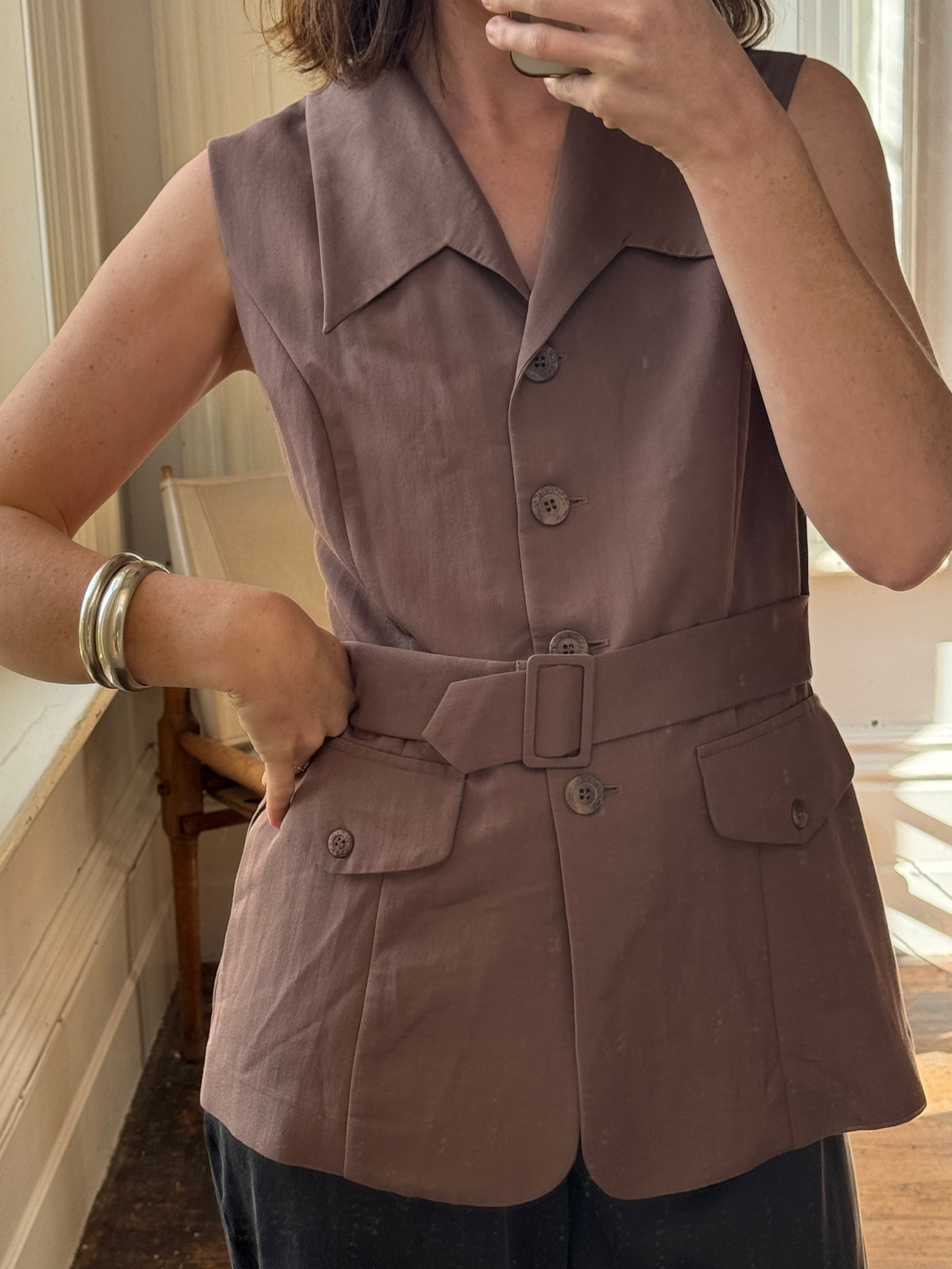 Vintage Taupe Brown Belted Utility Vest
