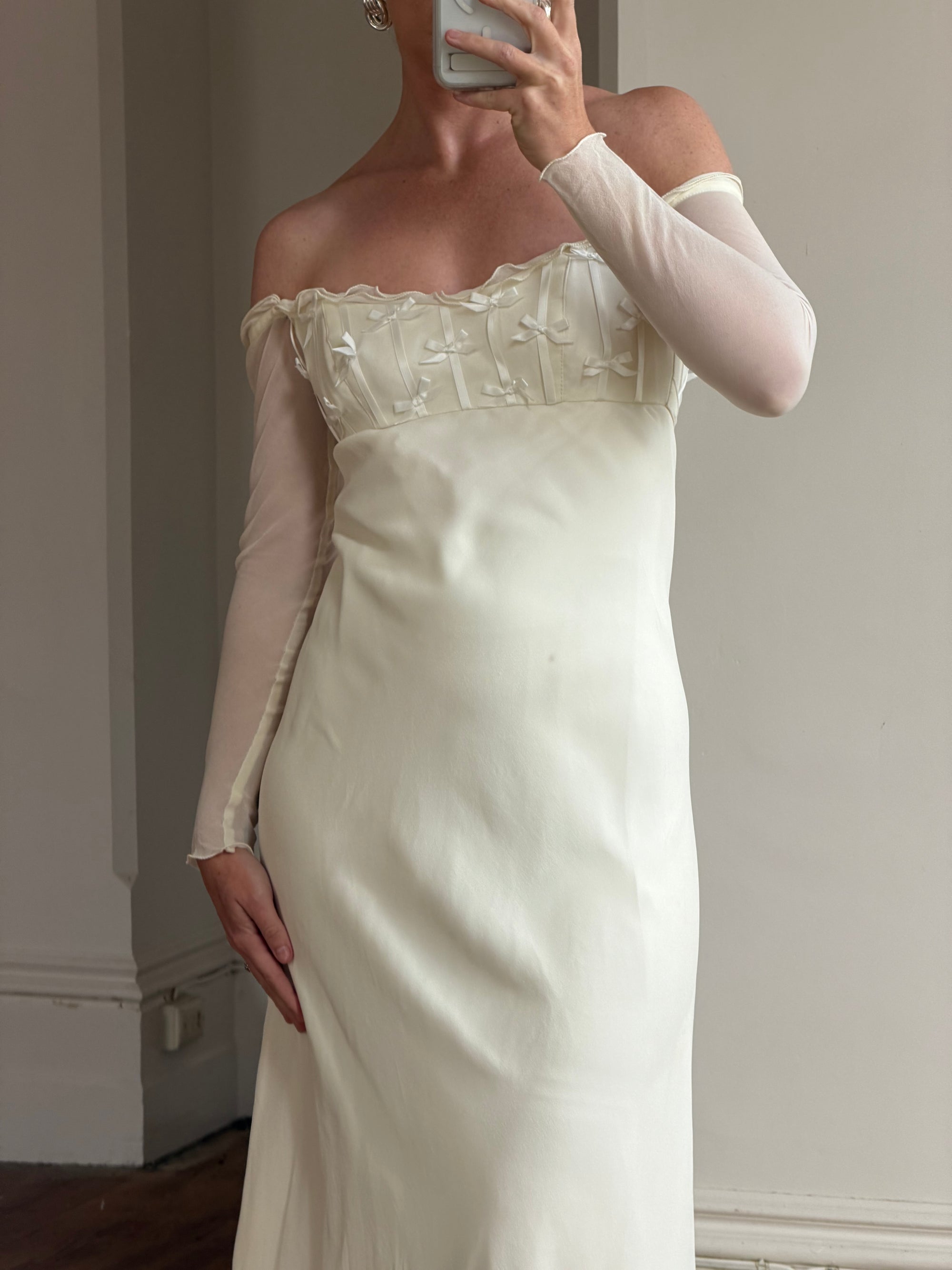 Vintage 90s Pure Silk Chiffon Empire Bow Off Shoulder Wedding Dress