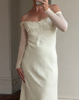 Vintage 90s Pure Silk Chiffon Empire Bow Off Shoulder Wedding Dress